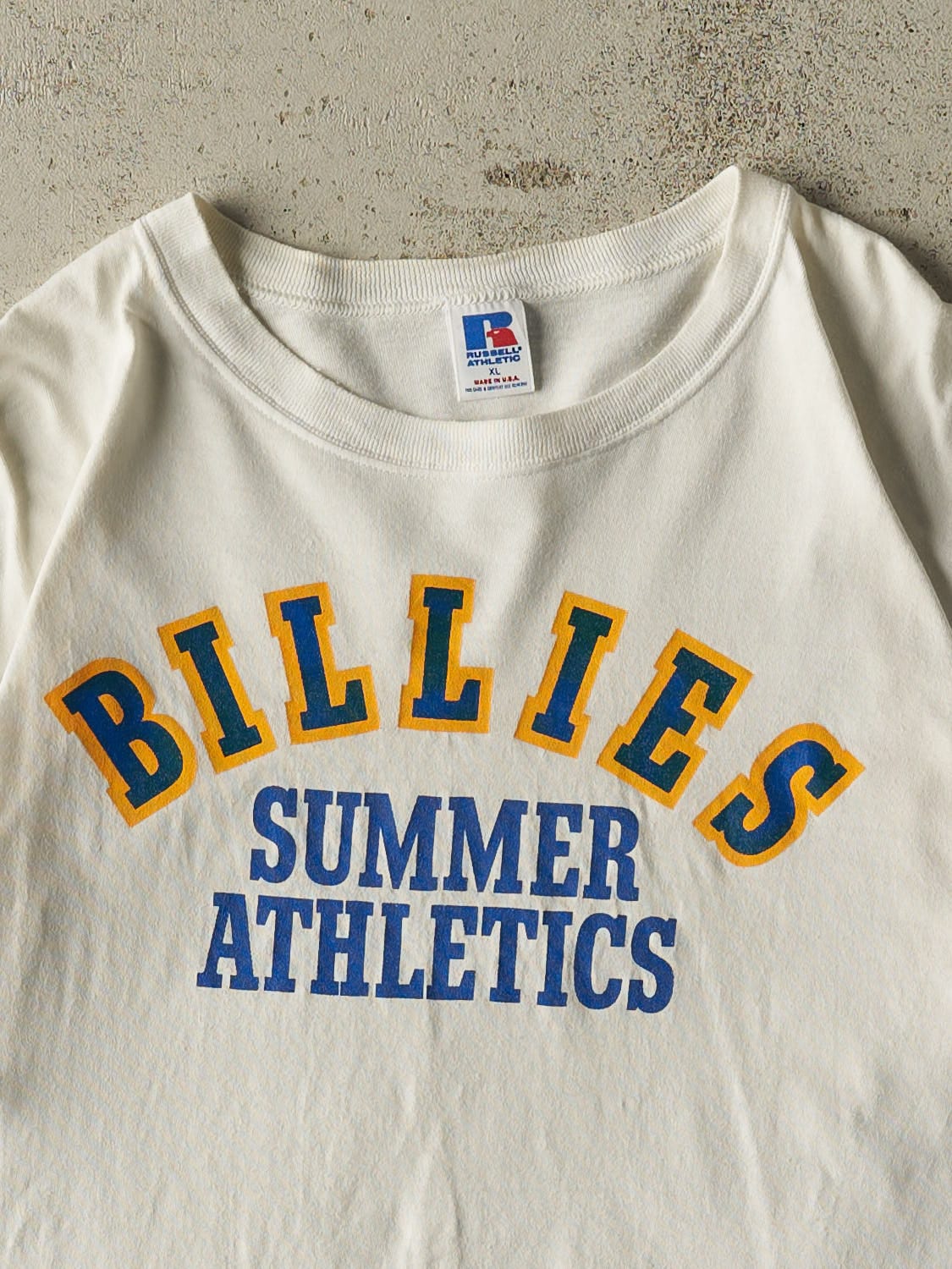 Vintage 80s White Russell Athletic Billies Summer Athletics Tee (L)
