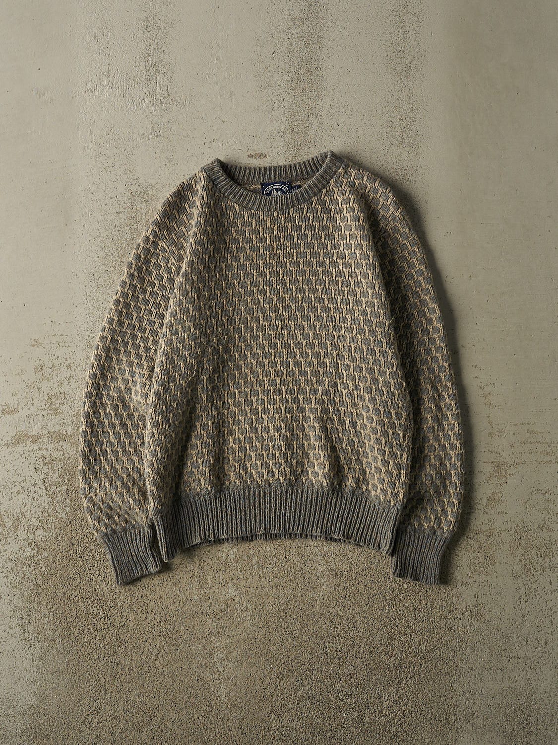 Vintage 80s Beige & Grey Box Weave Patterned Knit (S/M)