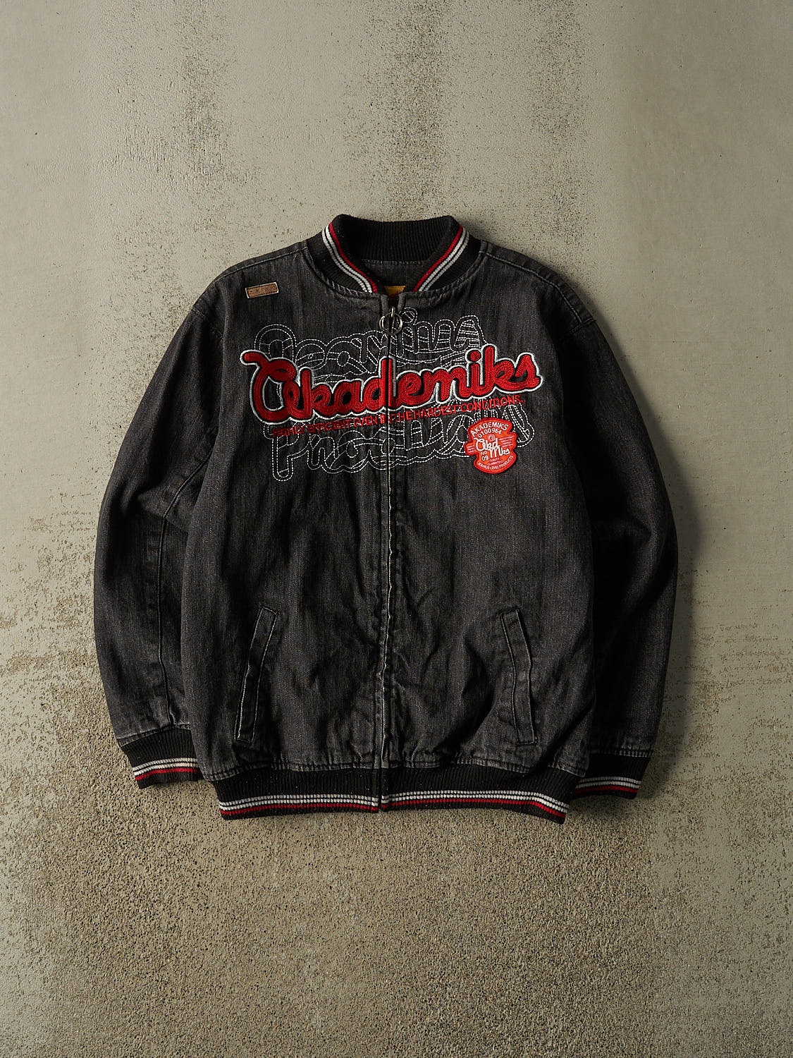 Vintage Y2K Washed Black Akademiks Embroidered Denim Bomber Jacket (S/M)
