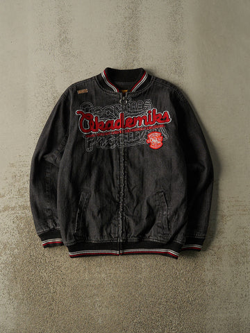 Vintage Y2K Washed Black Akademiks Embroidered Denim Bomber Jacket (S/M)
