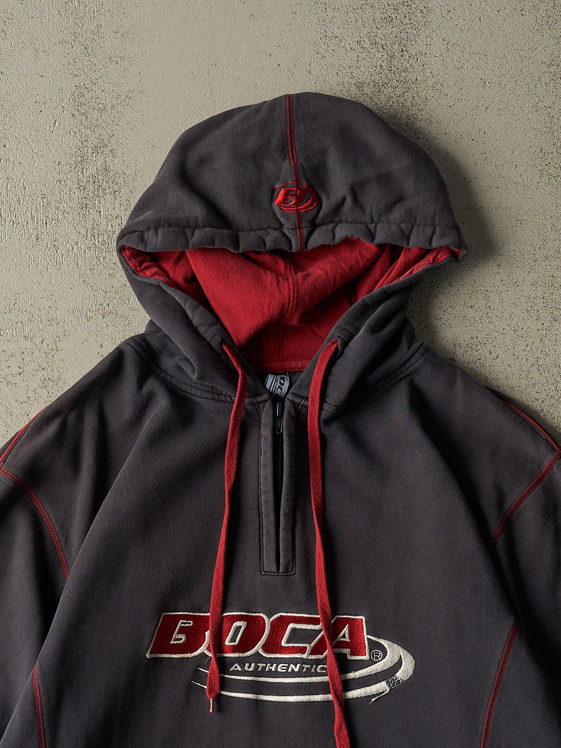 Vintage Y2K Charcoal Grey Boca Quarter Zip Hoodie (L/XL)
