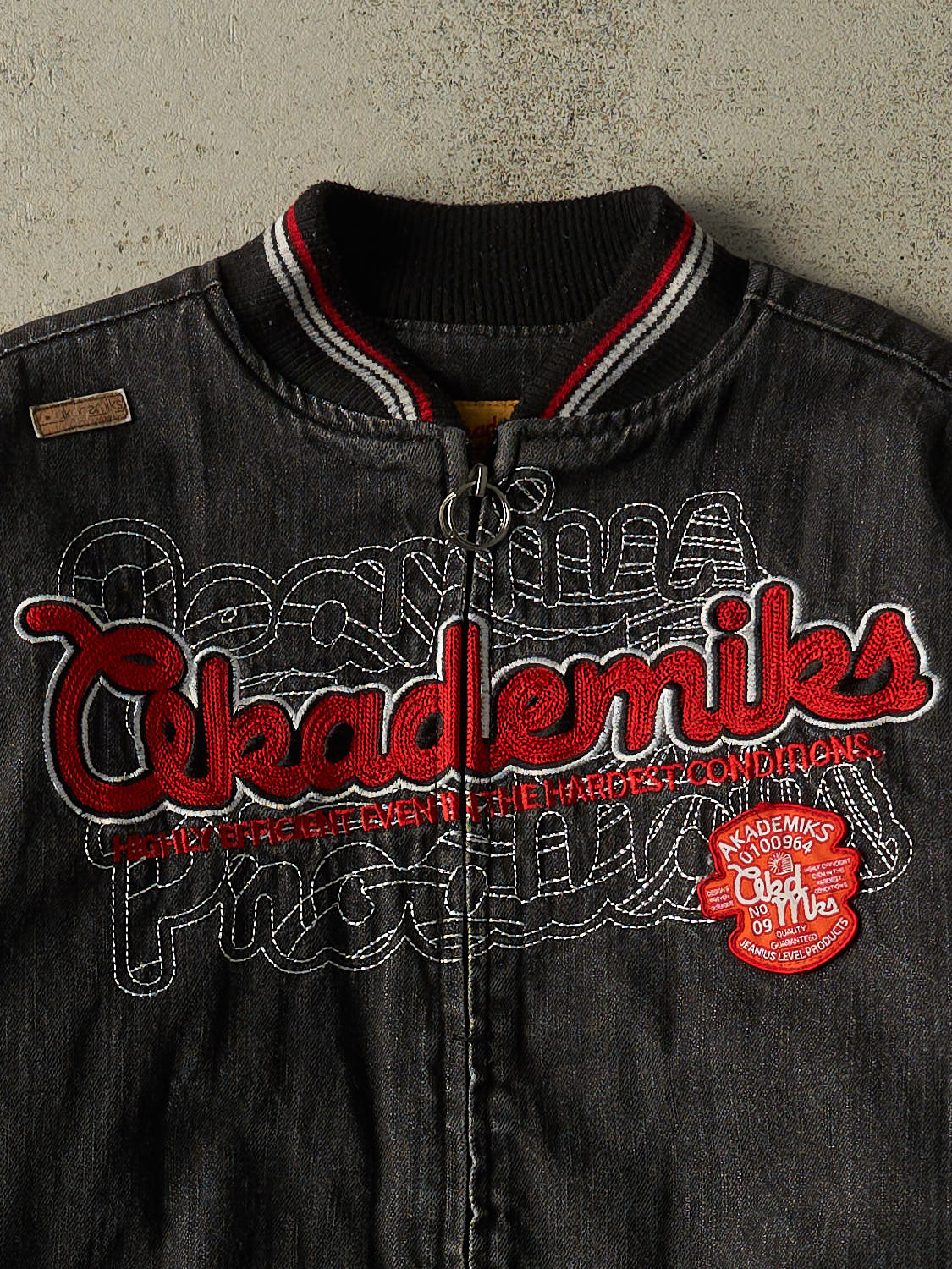 Vintage Y2K Washed Black Akademiks Embroidered Denim Bomber Jacket (S/M)