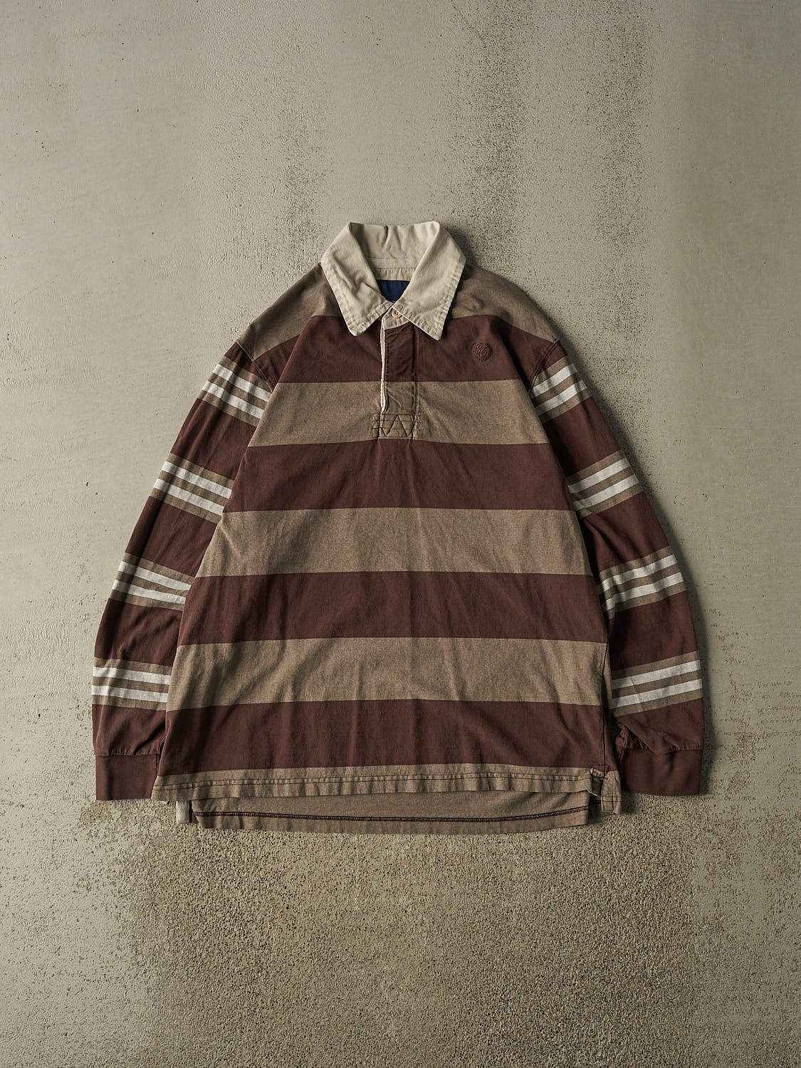Vintage Y2K Brown Bum Equipment Striped Quarter Button Rugby Long Sleeve (L/XL)