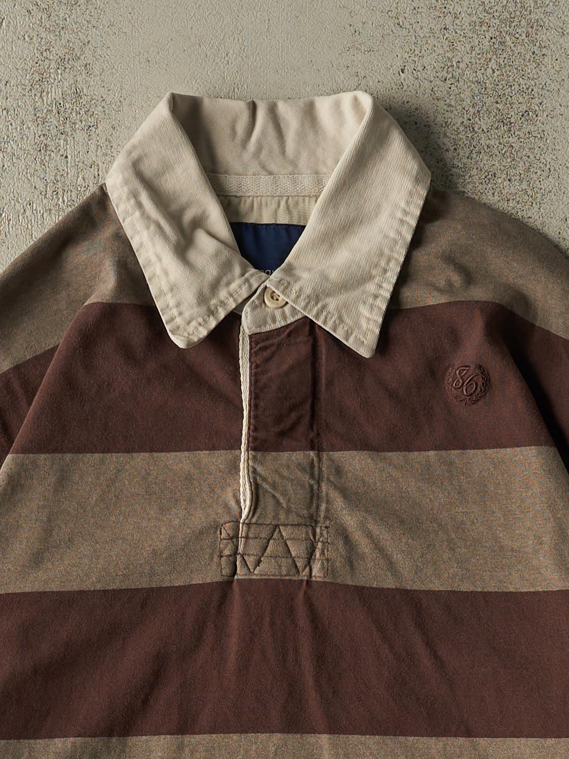 Vintage Y2K Brown Bum Equipment Striped Quarter Button Rugby Long Sleeve (L/XL)