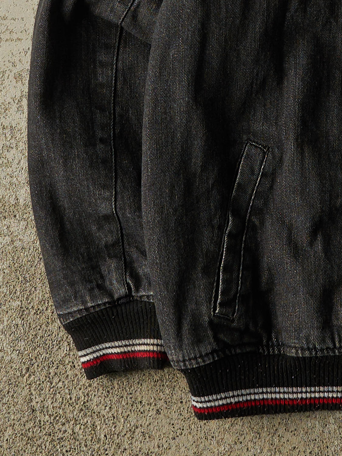Vintage Y2K Washed Black Akademiks Embroidered Denim Bomber Jacket (S/M)