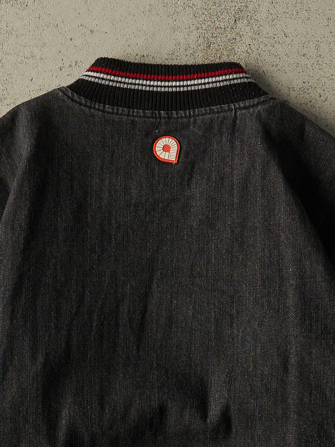 Vintage Y2K Washed Black Akademiks Embroidered Denim Bomber Jacket (S/M)