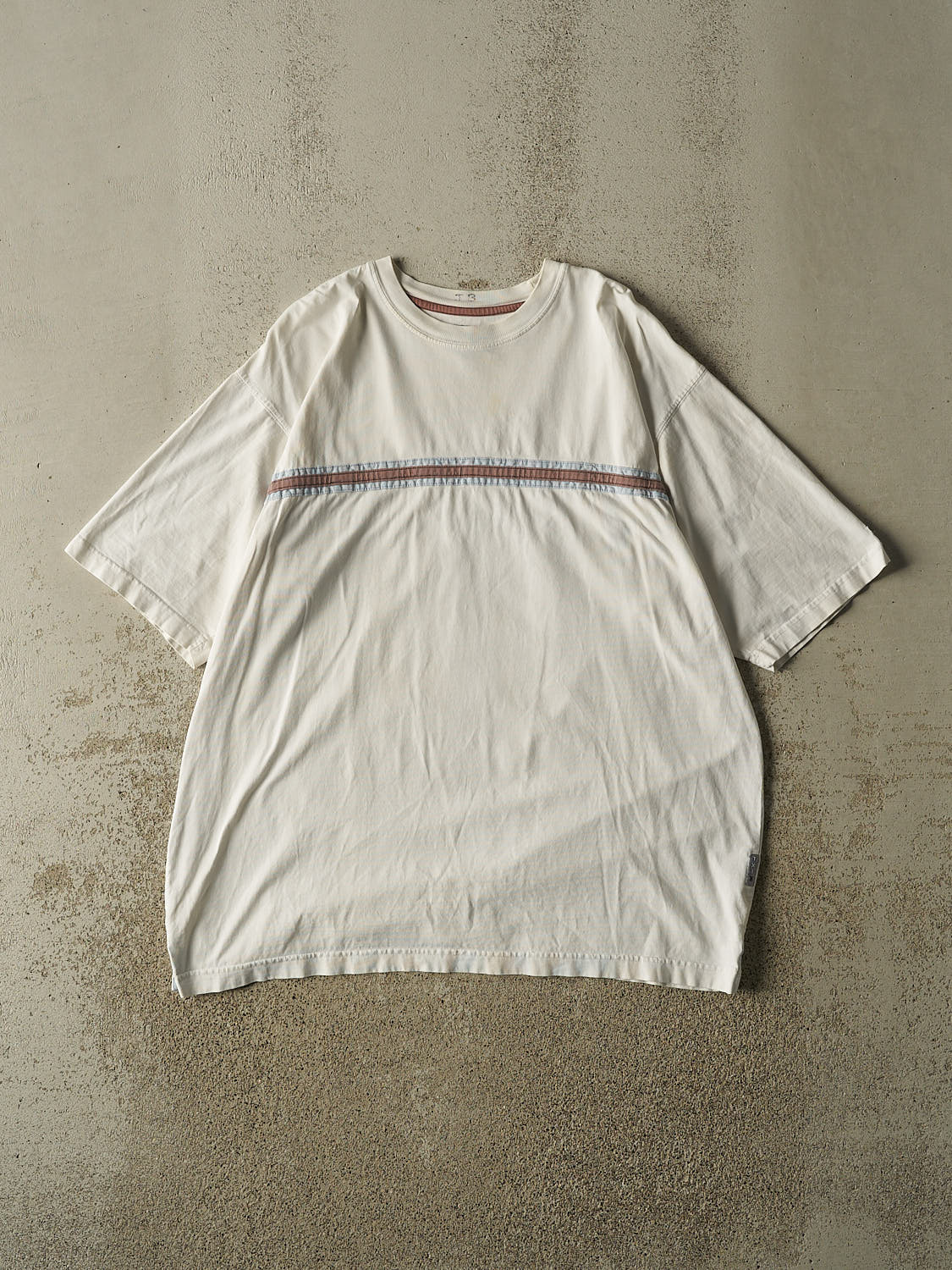Vintage Y2K White Embroidered Striped Tee (XL)