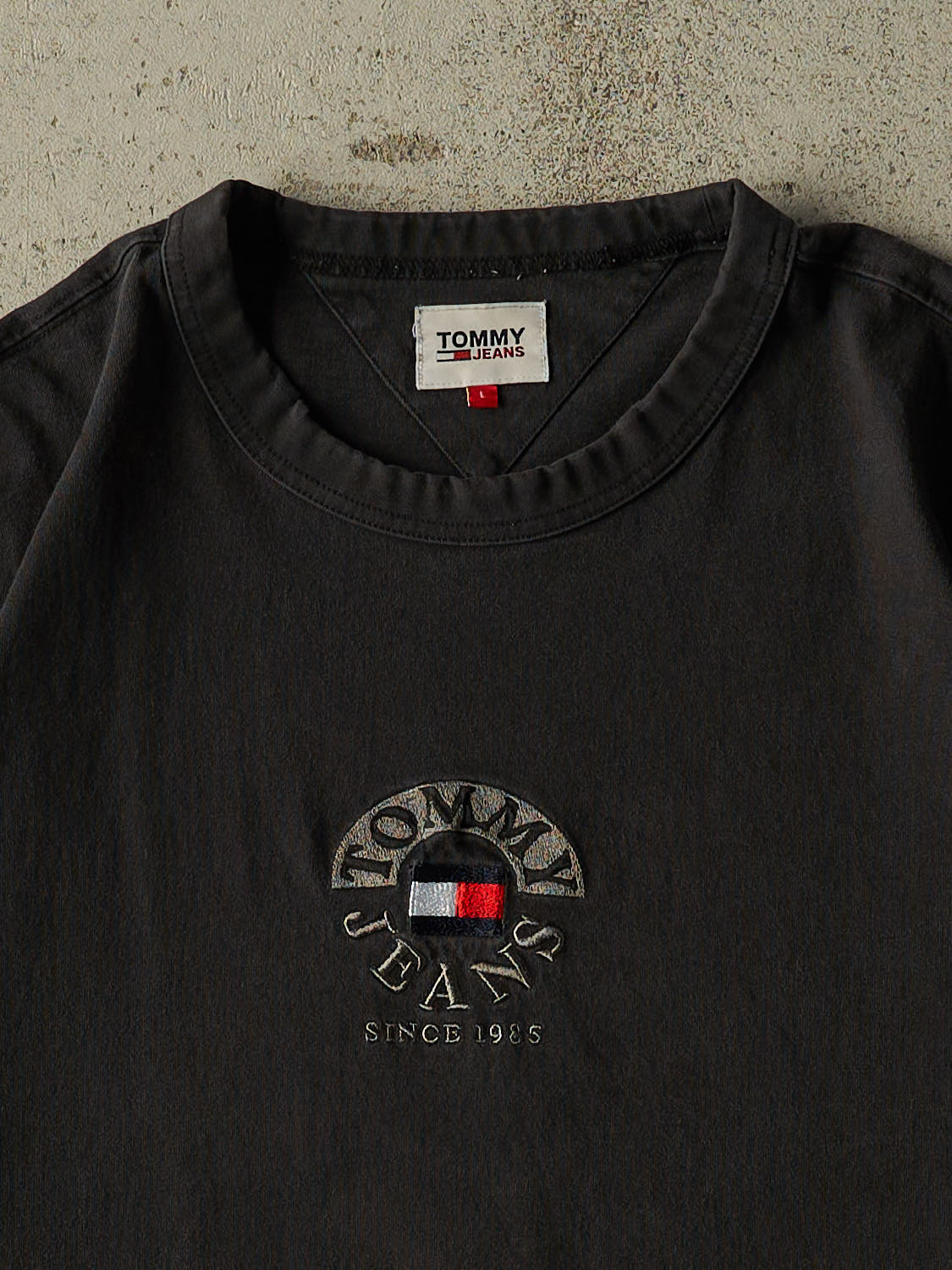 Vintage Y2K Faded Black Tommy Jeans Embroidered Logo Tee (XL)