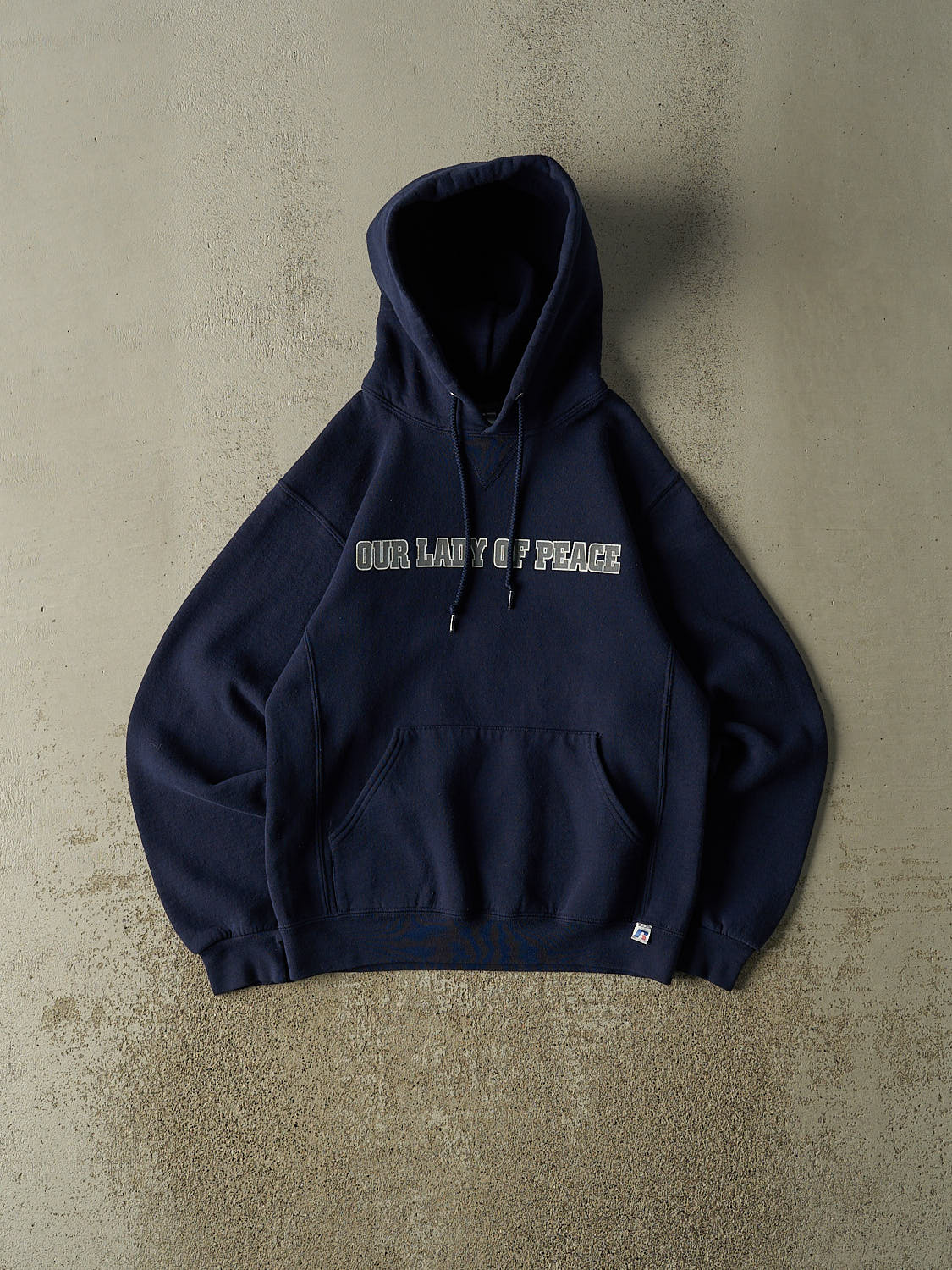 Vintage Y2K Navy Blue Russell Athletic Our Lady of Peace Hoodie (XS/S)