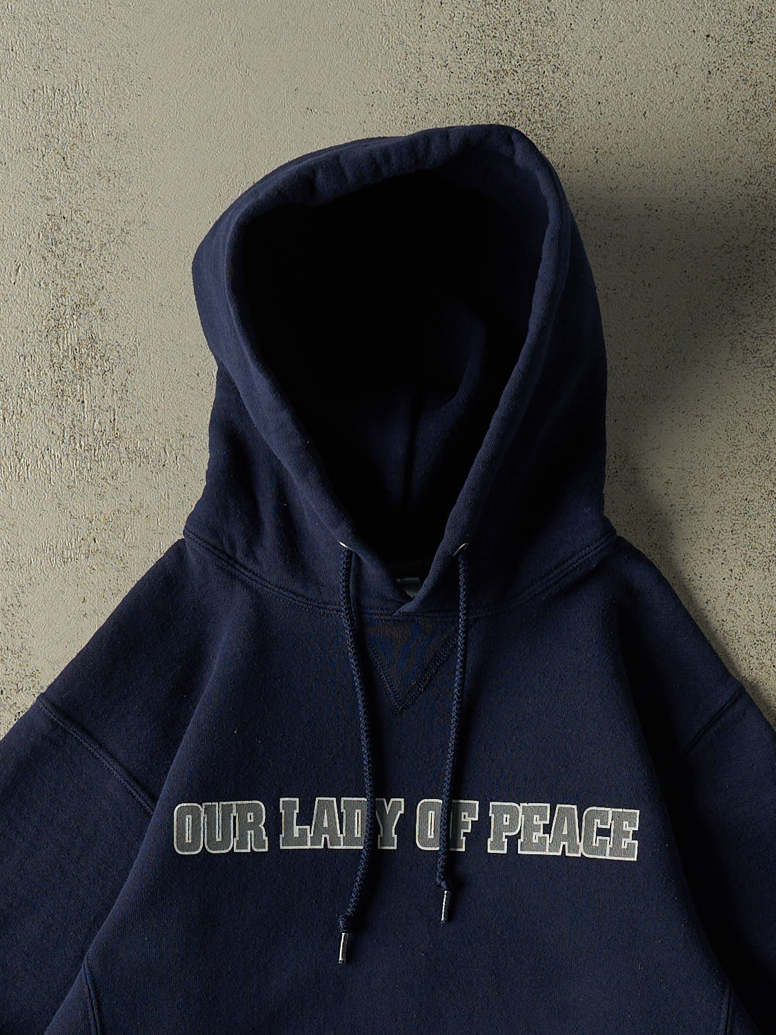 Vintage Y2K Navy Blue Russell Athletic Our Lady of Peace Hoodie (XS/S)