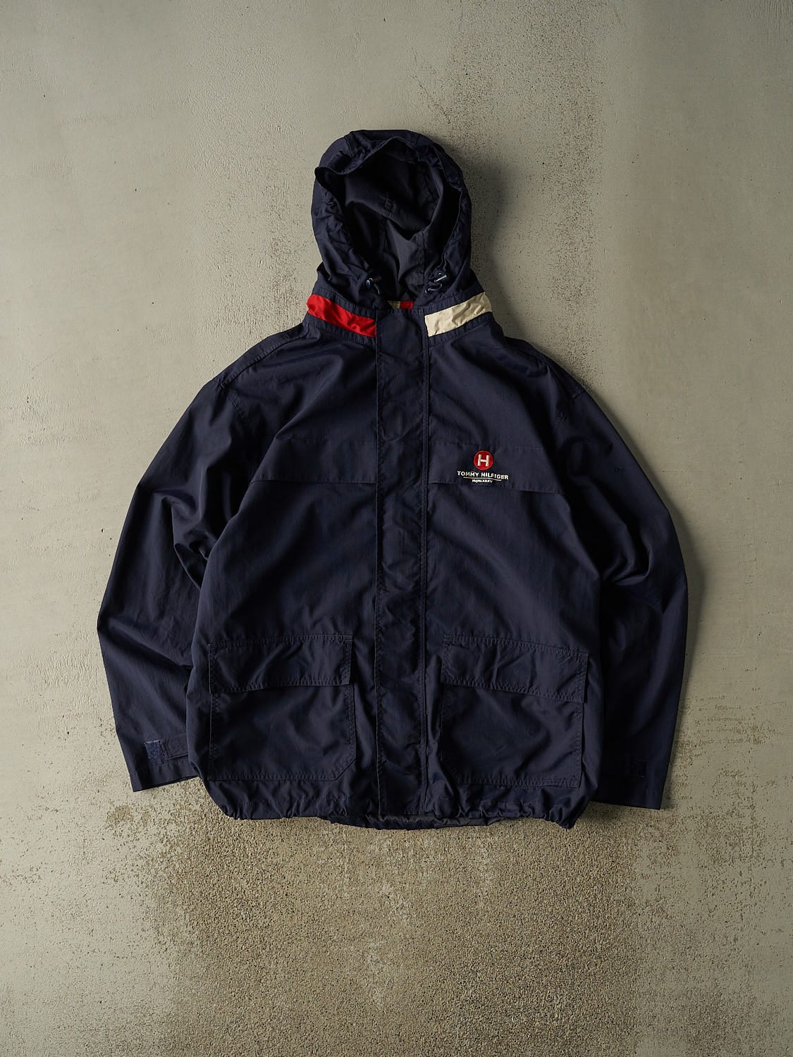 Vintage 90s Navy Blue Tommy Hilfiger Hooded Windbreaker Jacket (XXL)