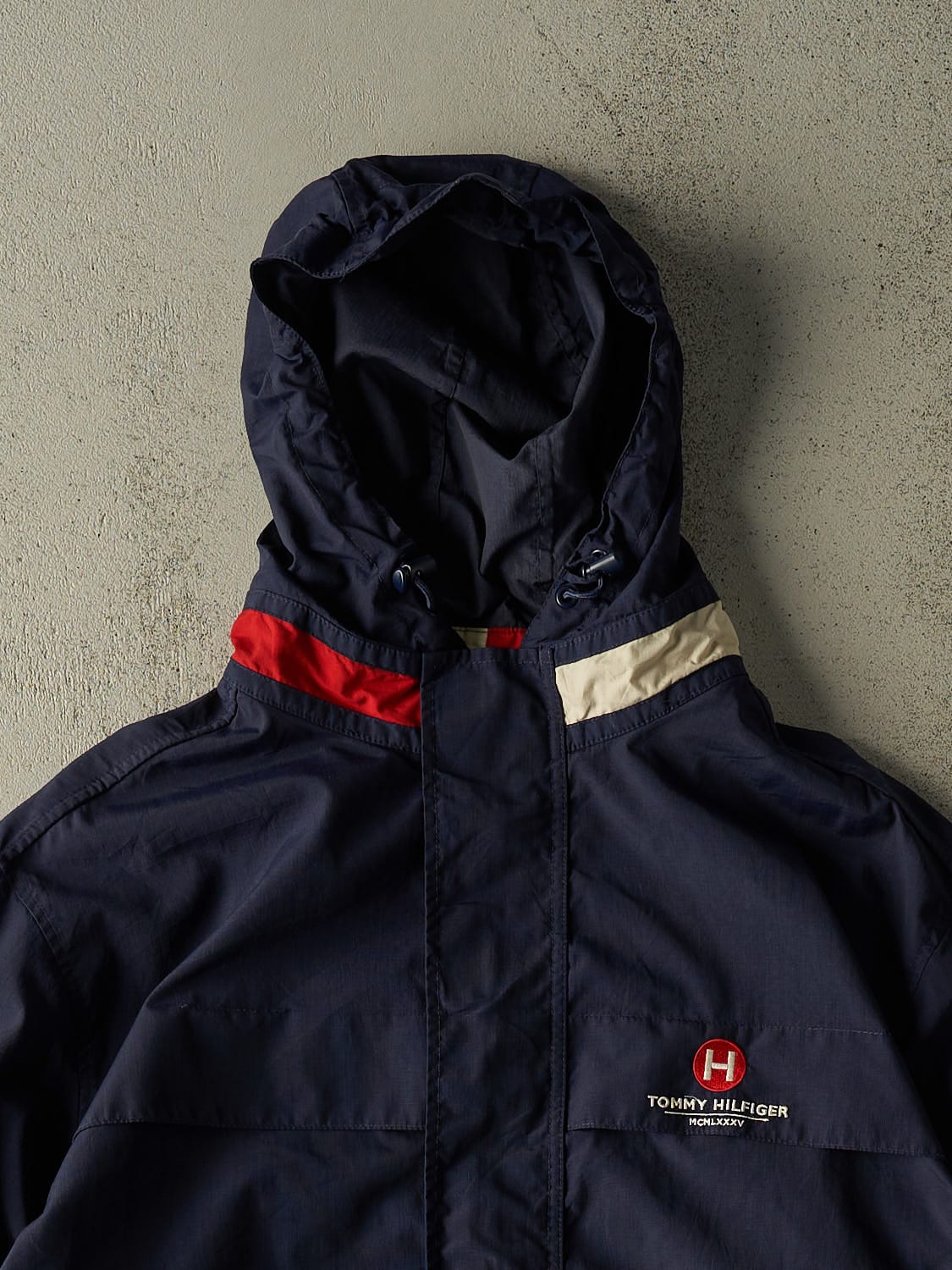 Vintage 90s Navy Blue Tommy Hilfiger Hooded Windbreaker Jacket (XXL)