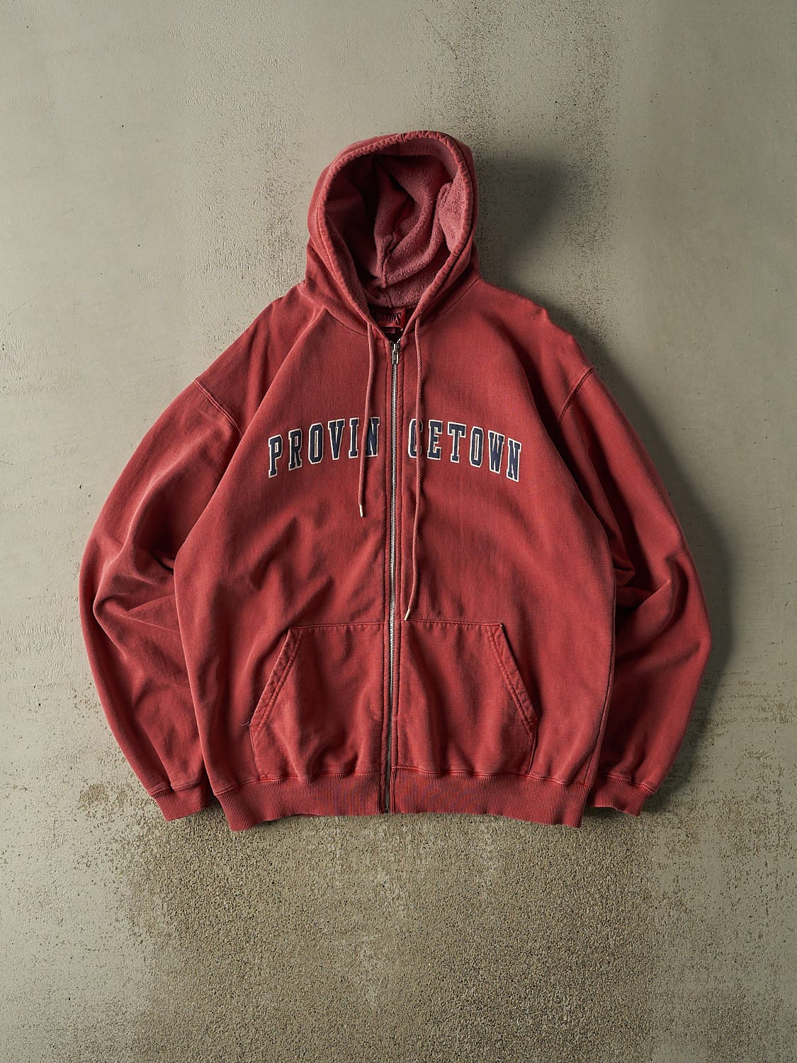 Vintage 90s Sun Faded Red Provincetown Zip Up Hoodie (XL/XXL)