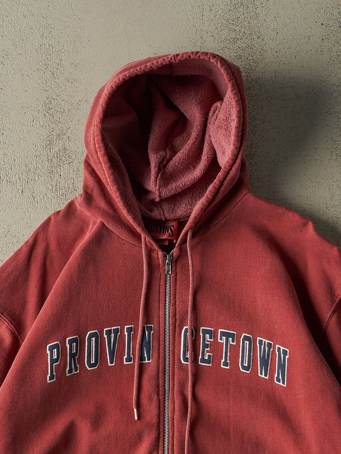 Vintage 90s Sun Faded Red Provincetown Zip Up Hoodie (XL/XXL)