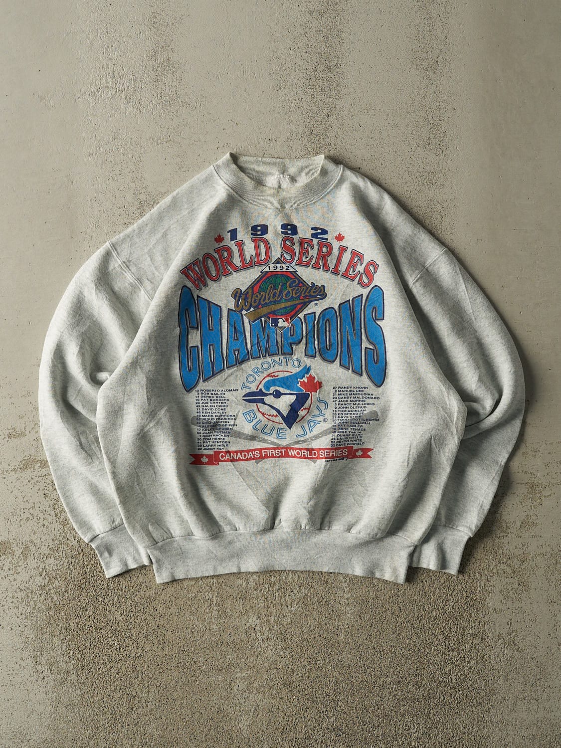 Vintage 92' Heather Grey Toronto Blue Jays World Series Champions Crewneck (L/XL)