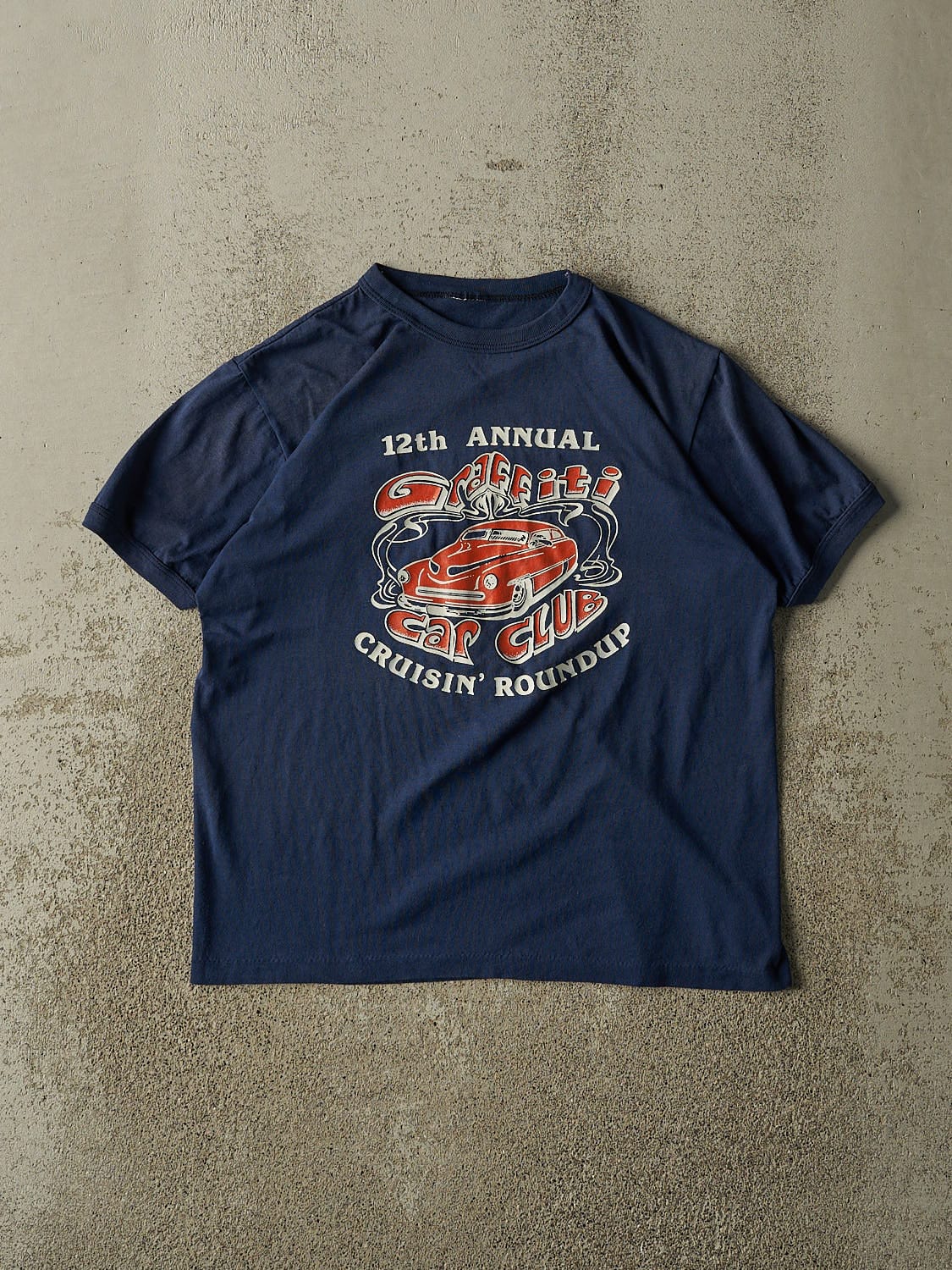 Vintage 80s Navy Blue Graffiti Car Club Ringer Tee (S/M)