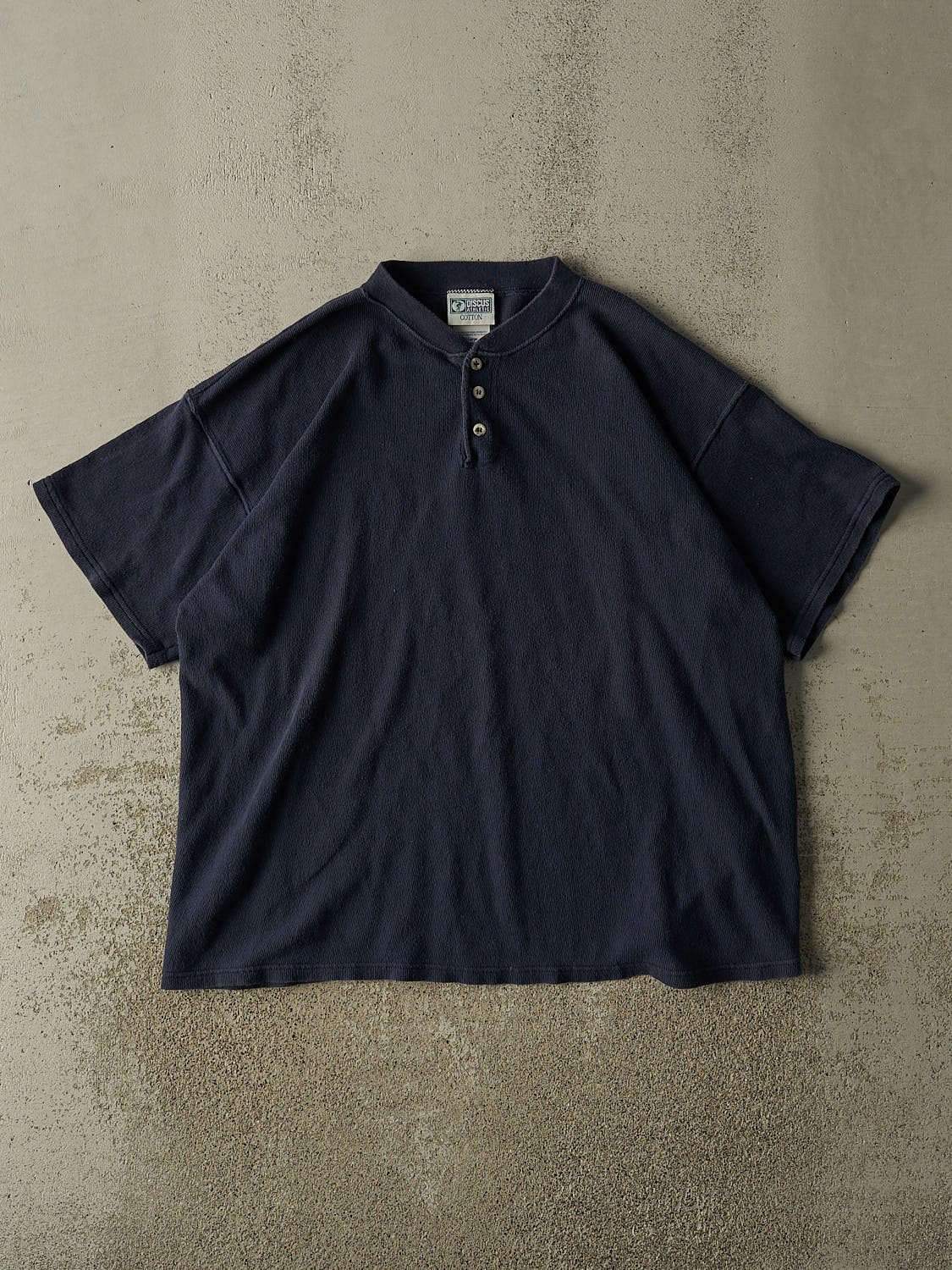 Vintage 90s Navy Blue Discus Athletic Quarter Button Tee (L/XL)