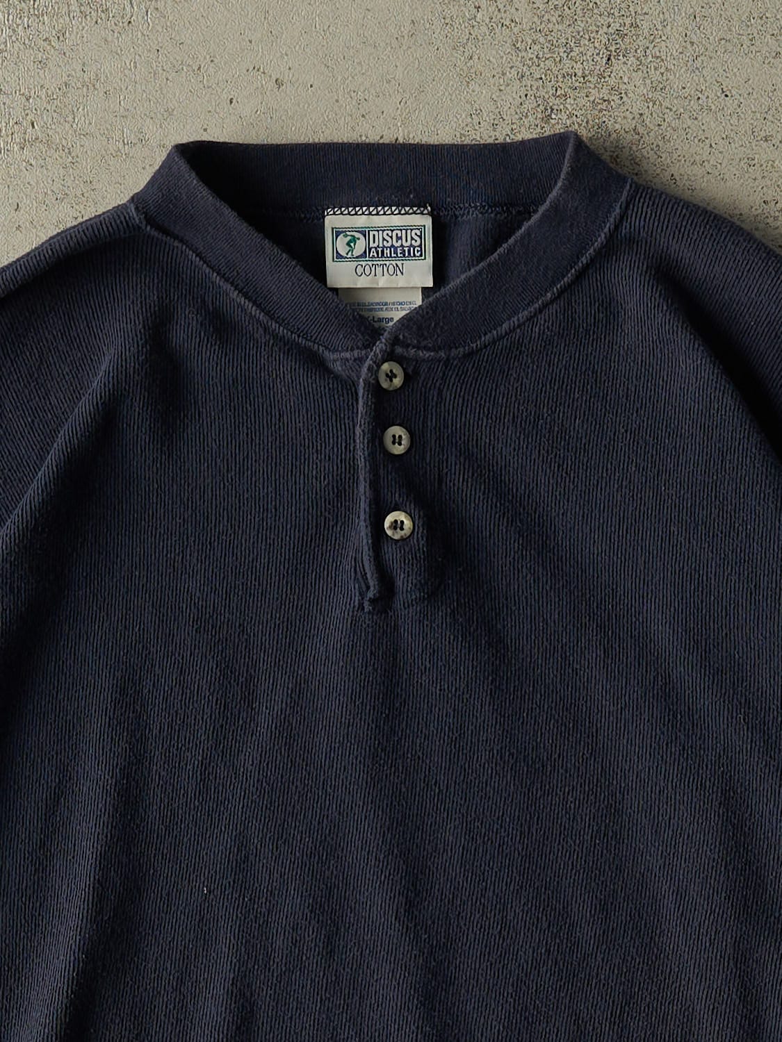 Vintage 90s Navy Blue Discus Athletic Quarter Button Tee (L/XL)
