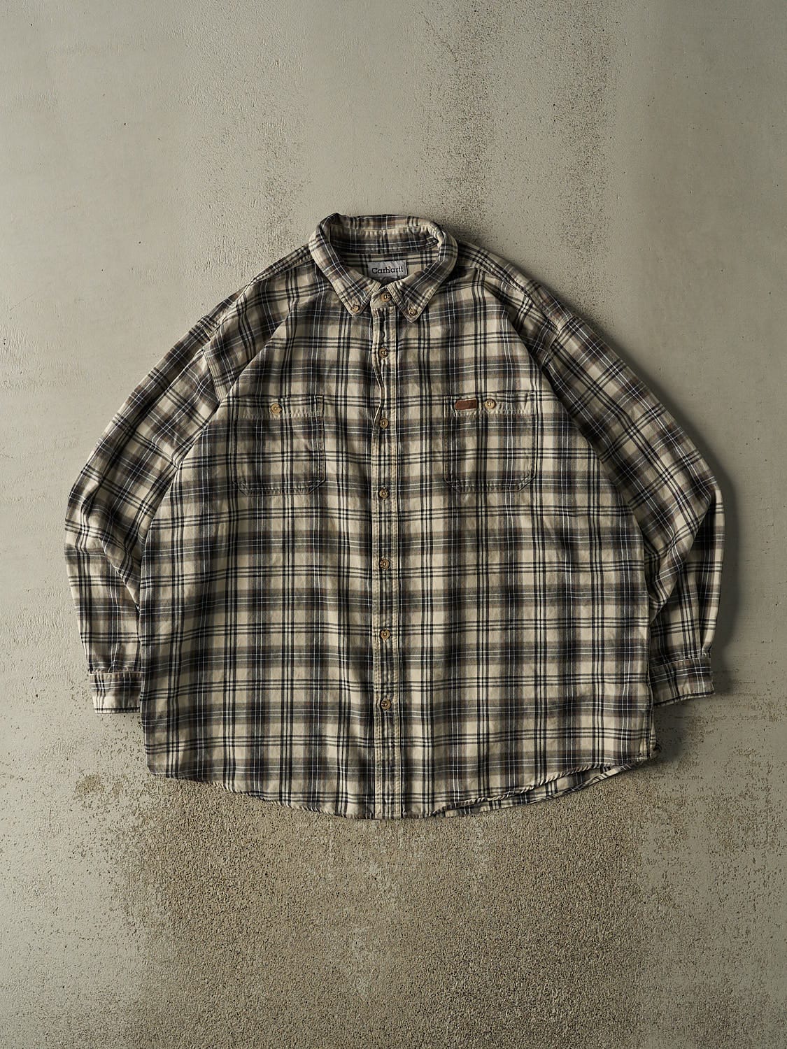 Vintage 90s Beige Carhartt Plaid Button Up Long Sleeve (XXXL)