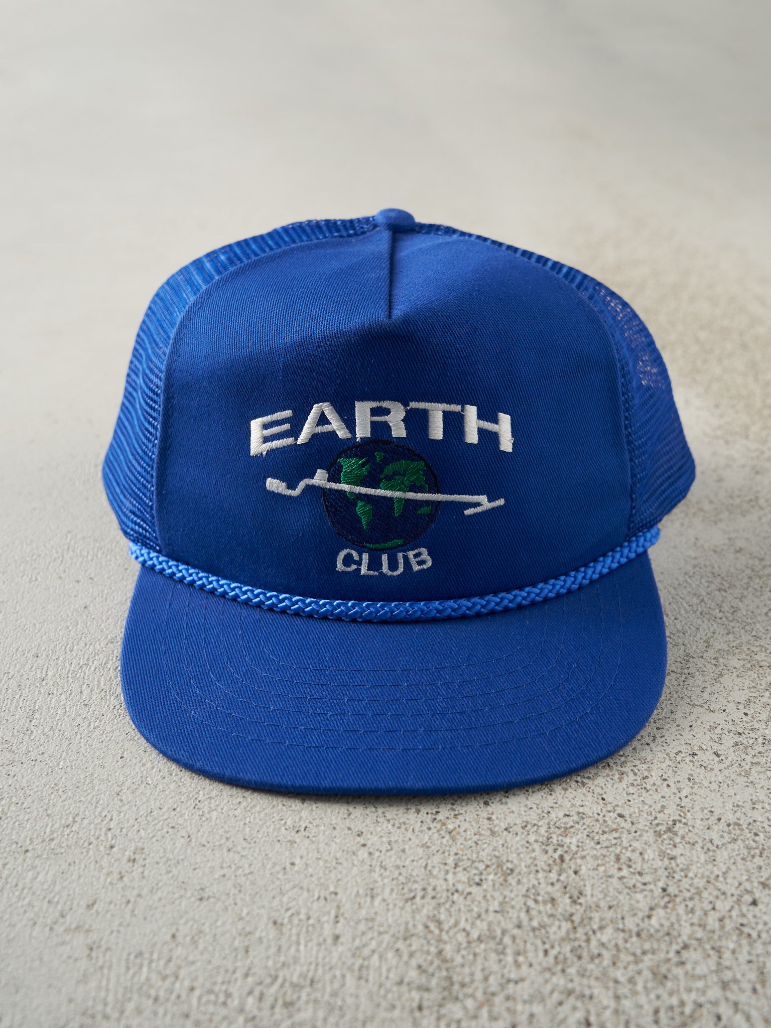 Vintage 80s Blue Embroidered Earth Club Trucker Hat