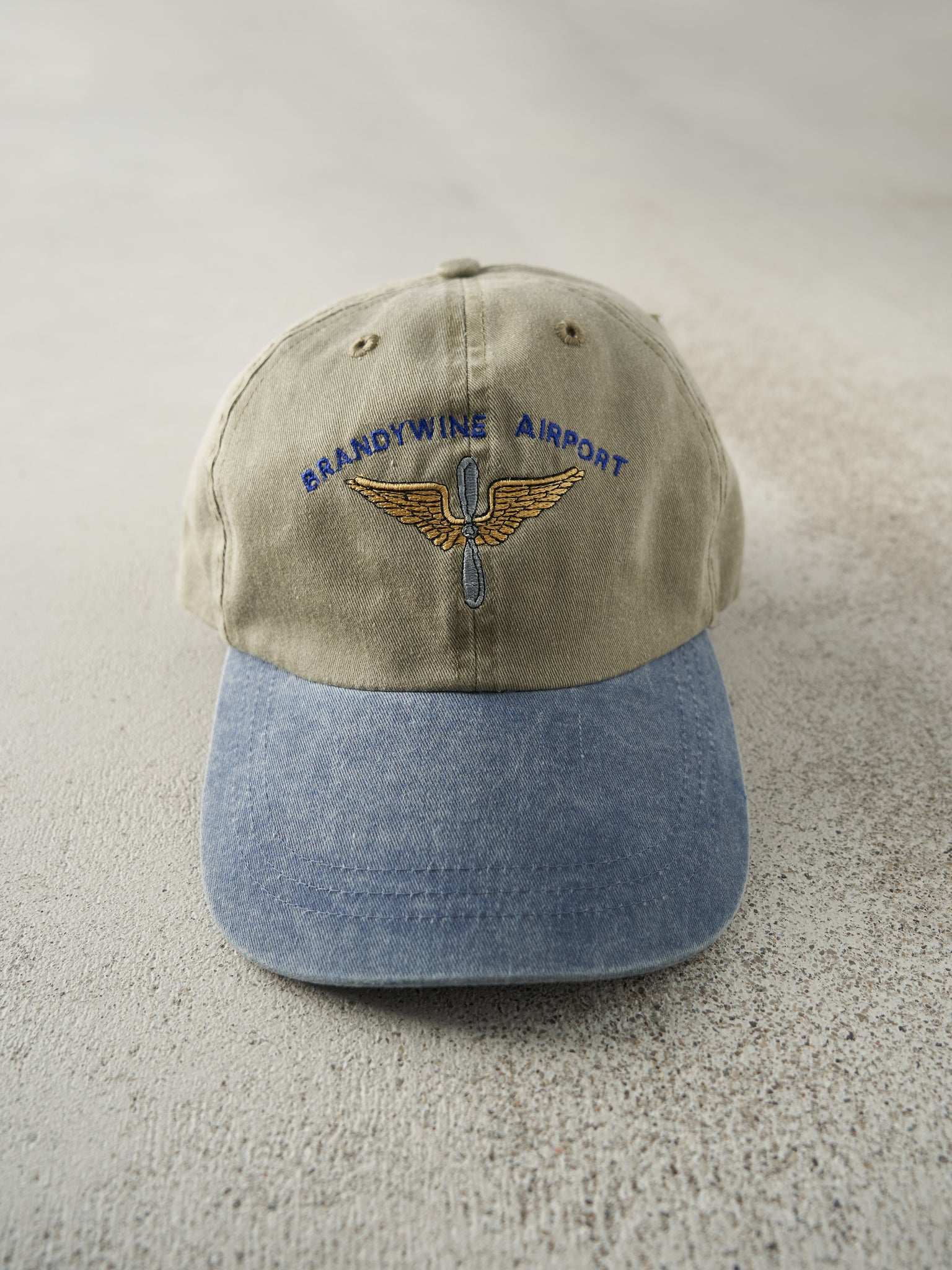 Vintage 90s Beige & Blue Brandywine Airport Leather Strap Back Hat