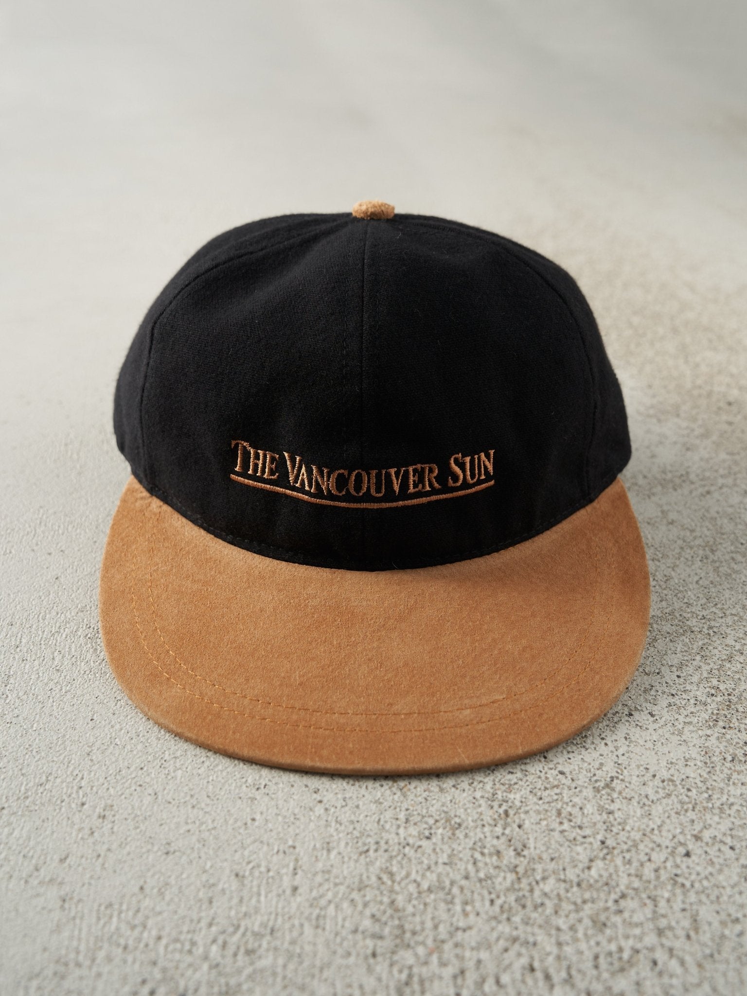 Vintage 90s Black & Beige Embroidered The Vancouver Sun Leather Strapback Hat