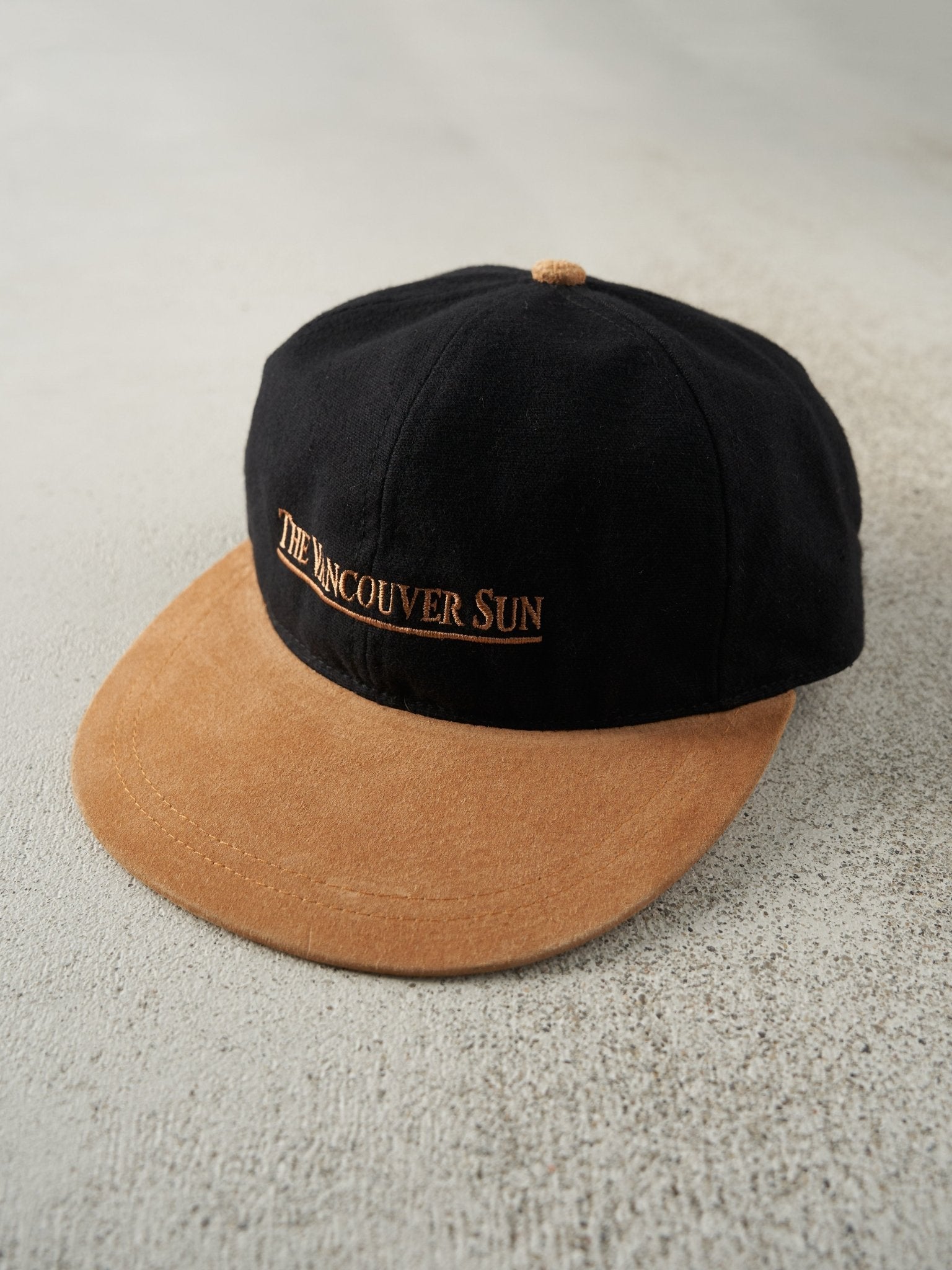 Vintage 90s Black & Beige Embroidered The Vancouver Sun Leather Strapback Hat