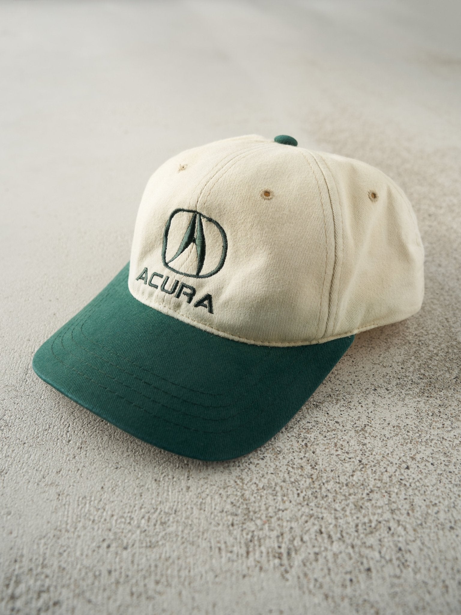 Vintage 90s Beige & Green Embroidered Acura Strapback Hat