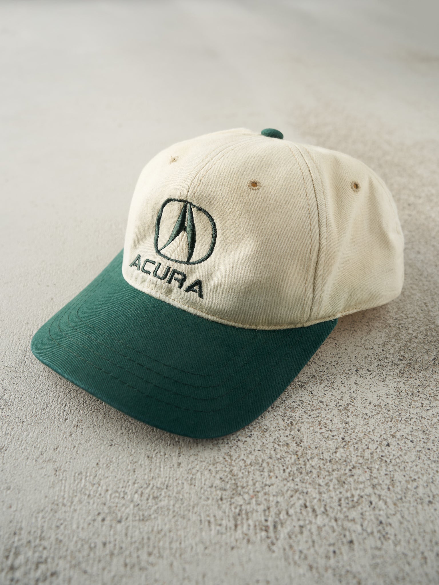 Vintage 90s Beige & Green Embroidered Acura Strap Back Hat