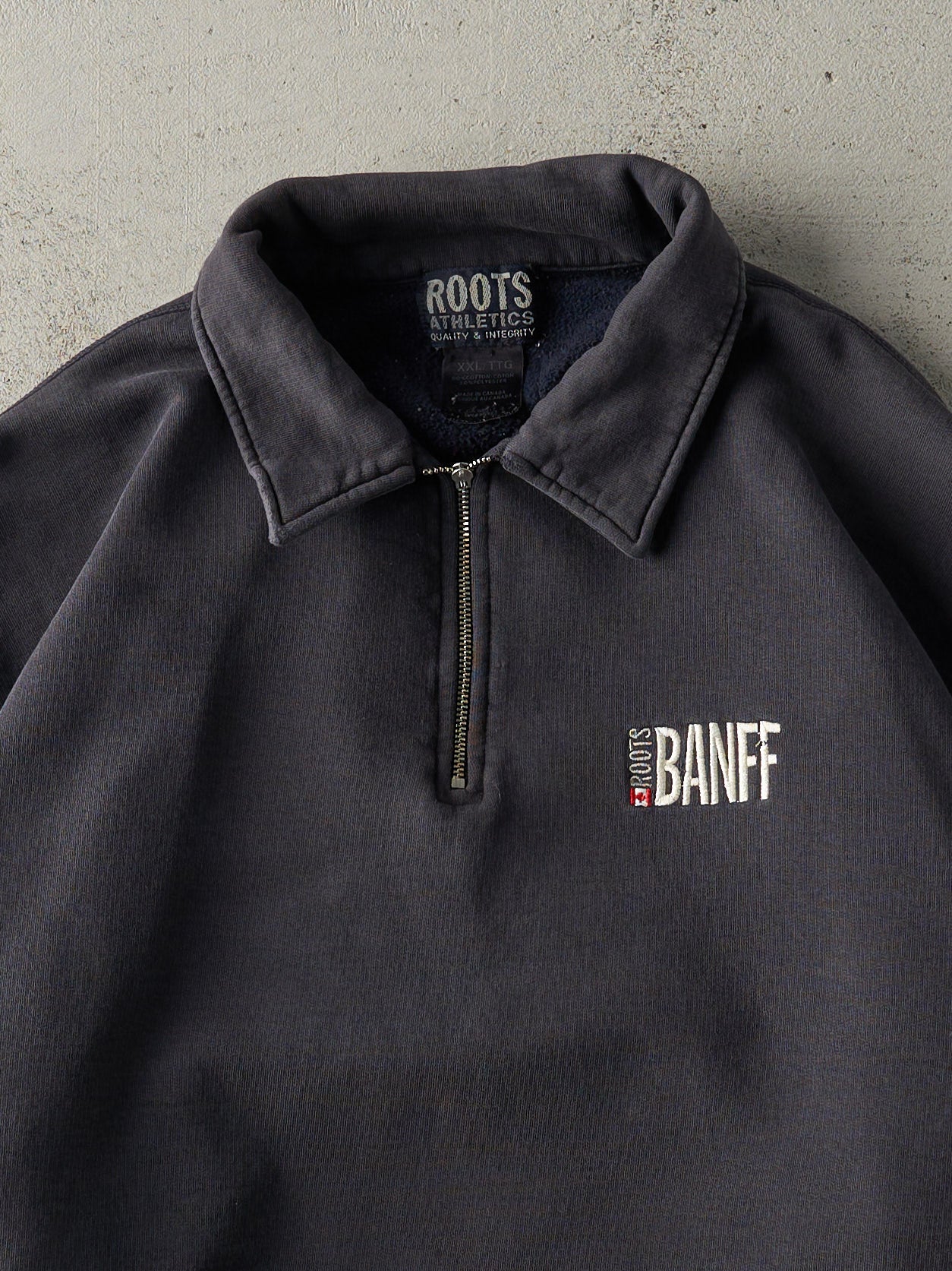 Vintage Y2K Navy Embroidered Roots Banff Quarter Zip Boxy Sweatshirt (XL)