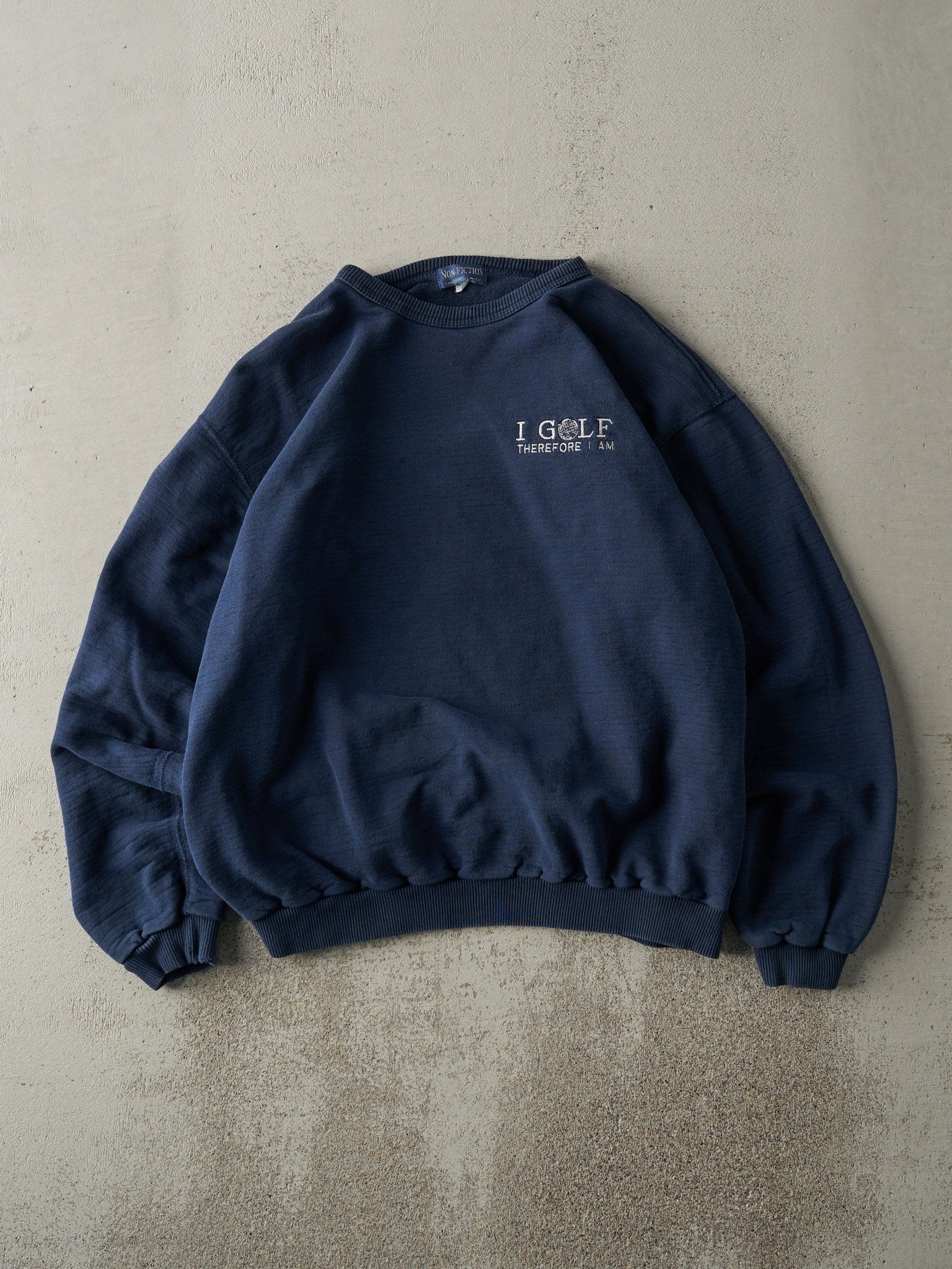 Vintage 90s Navy Blue Embroidered Golf Slogan Boxy Crewneck (L)