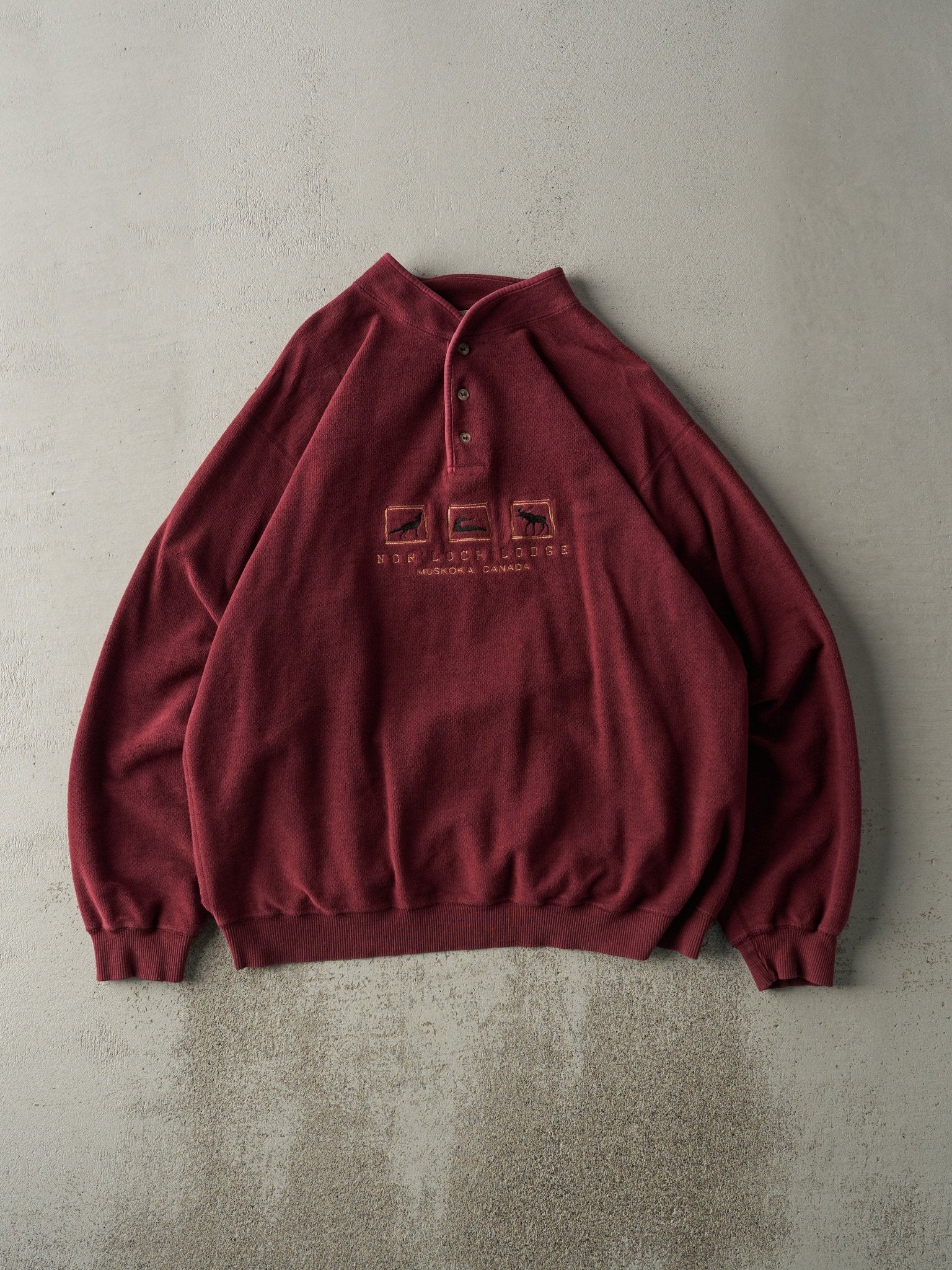 Vintage 90s Burgundy Embroidered Muskoka Inside Out Quarter Button Sweater (L/XL)