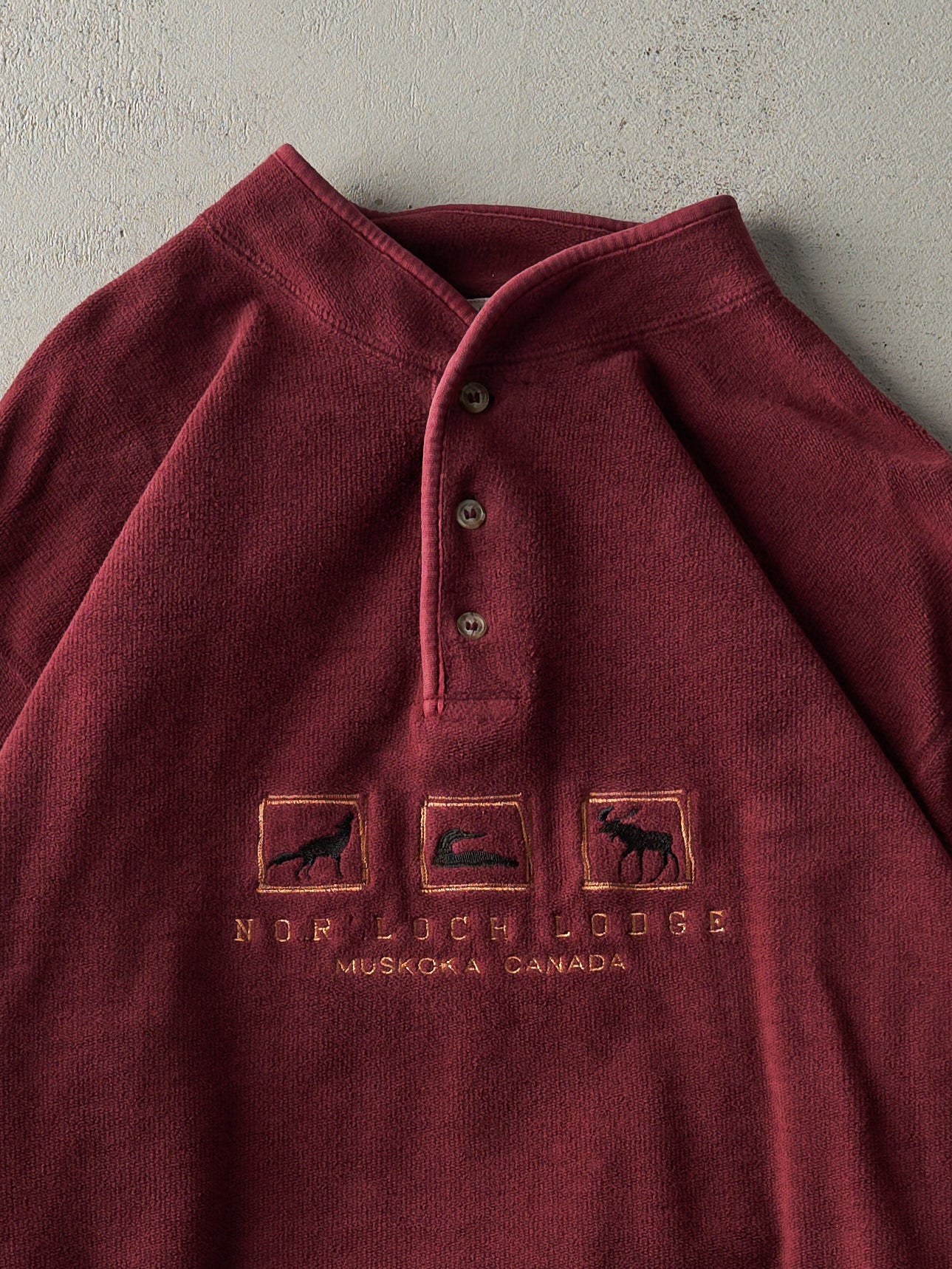 Vintage 90s Burgundy Embroidered Muskoka Inside Out Quarter Button Sweater (L/XL)