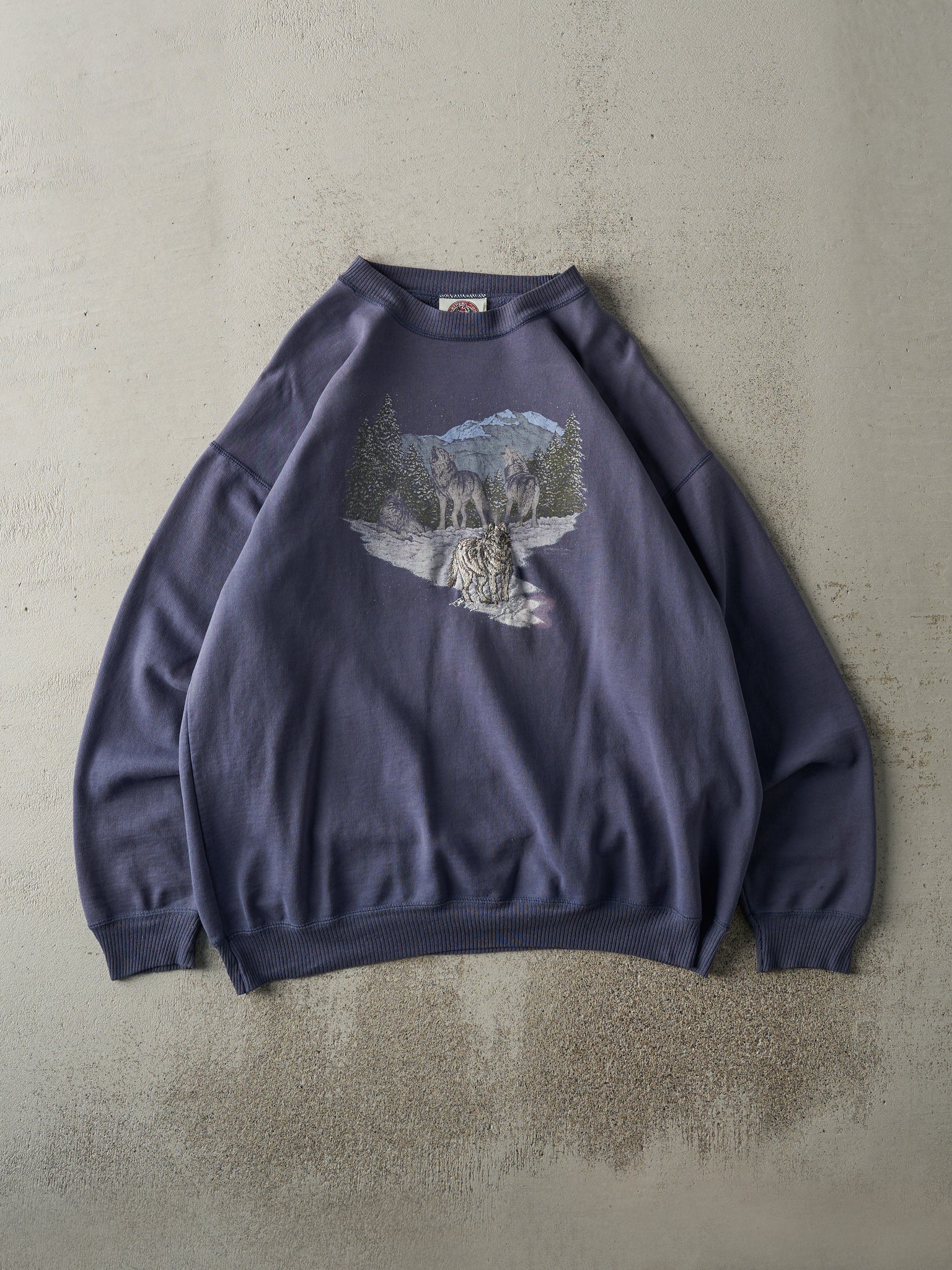 Vintage 90s Slate Blue Embroidered Wolf Scene Crewneck (L)