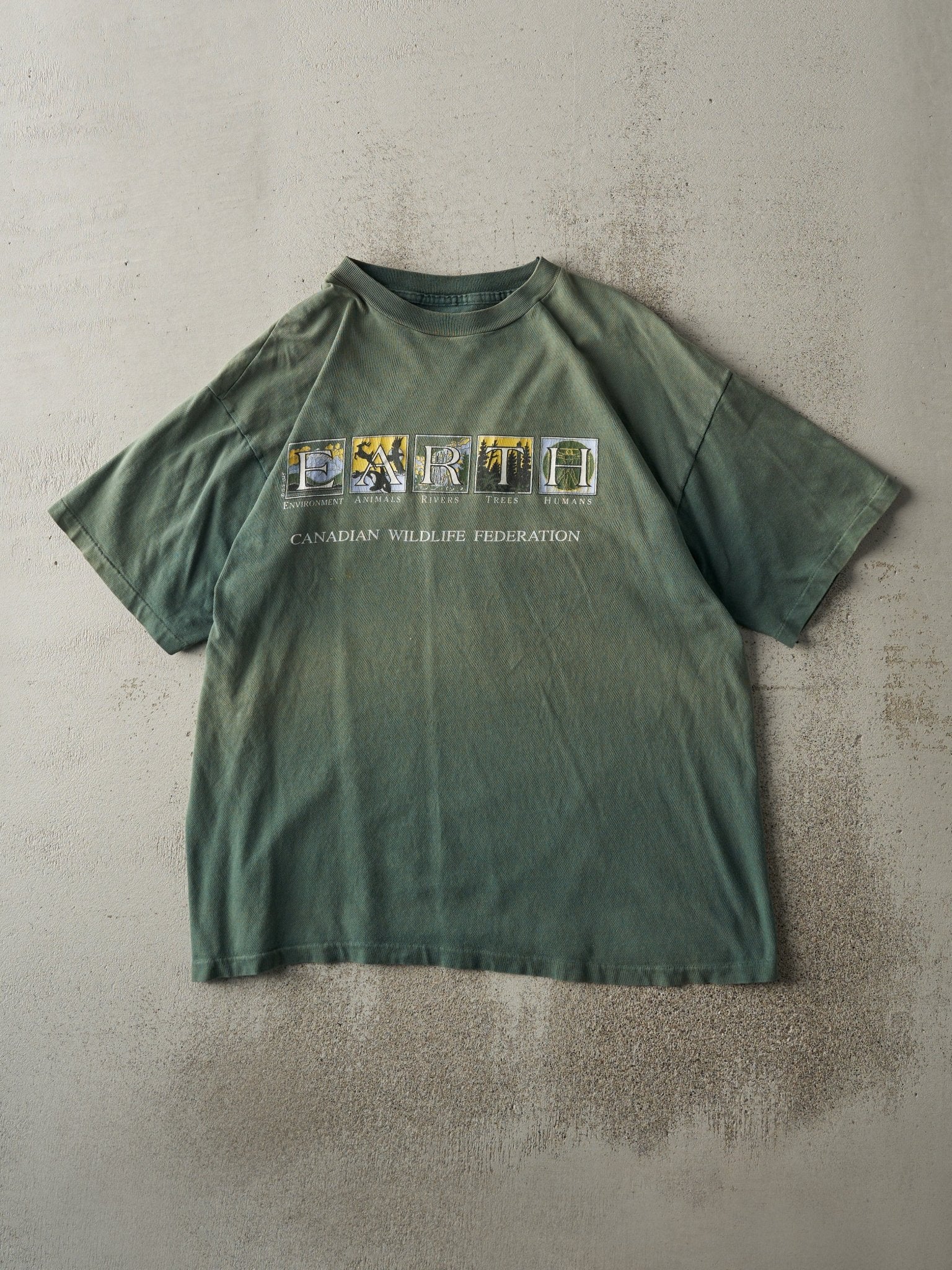 Vintage 90s Sun Faded Green CWF Earth Single Stitch Tee (M/L)