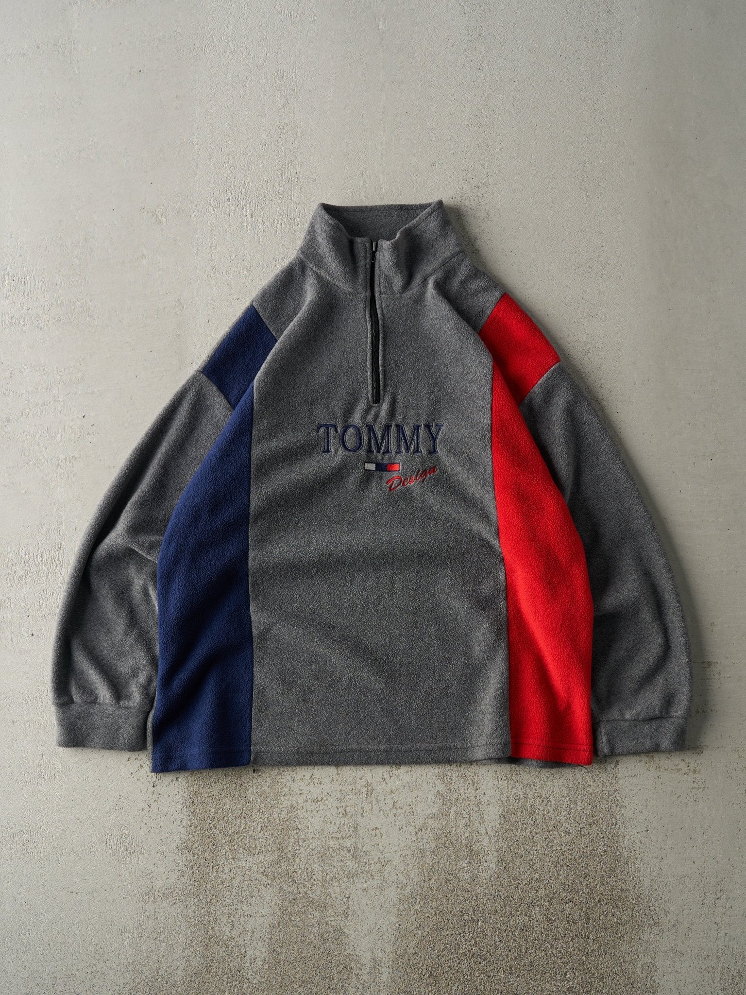 Vintage 90s Grey, Blue & Red Tommy Design Bootleg Fleece Quarter Zip (L/XL)