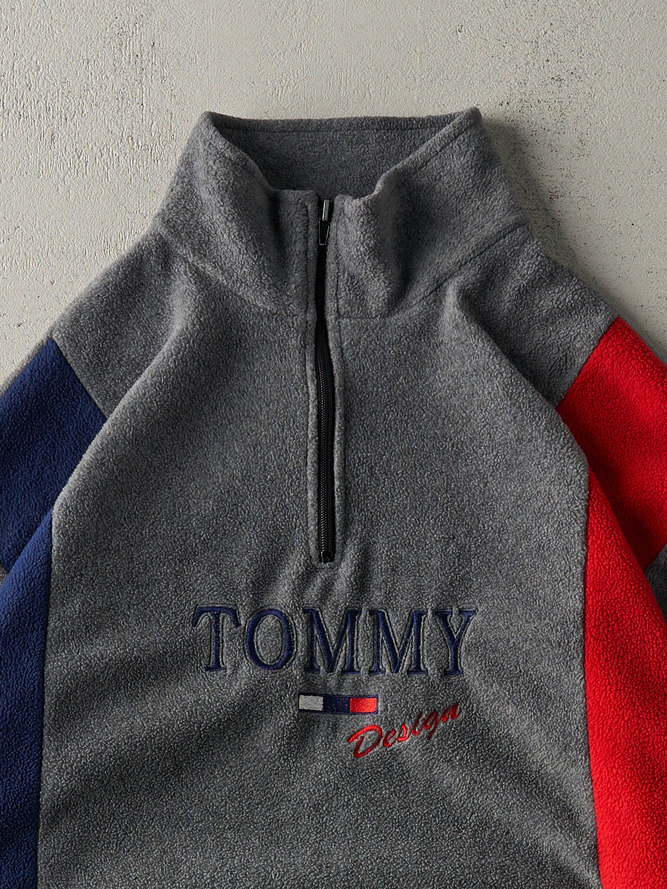 Vintage 90s Grey, Blue & Red Tommy Design Bootleg Fleece Quarter Zip (L/XL)