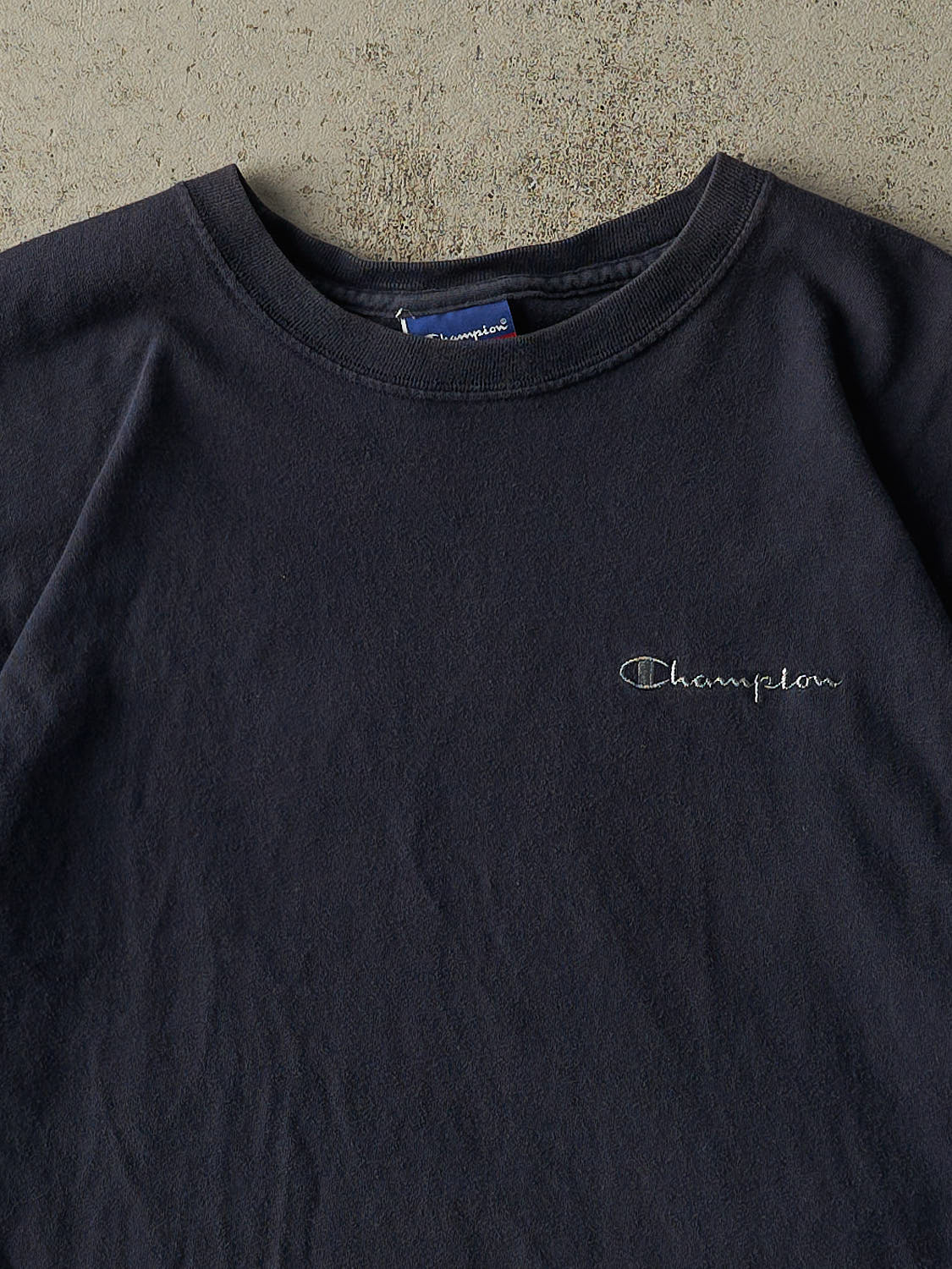 Vintage 90s Navy Blue Champion Embroidered Logo Tee (L/XL)