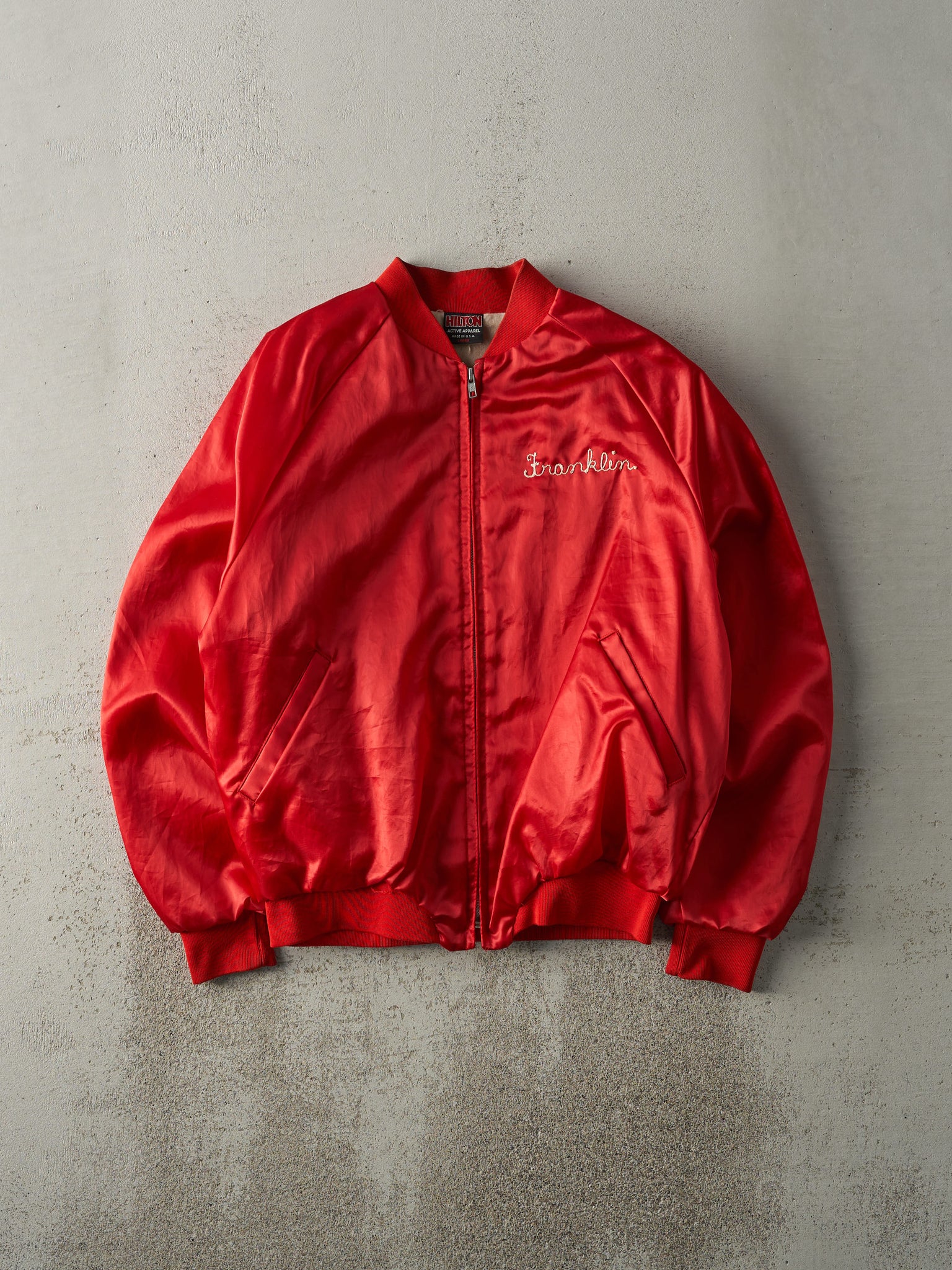 Vintage 70s Red Sunday Mixers Chain Stitched Nylon Bomber Jacket (M)