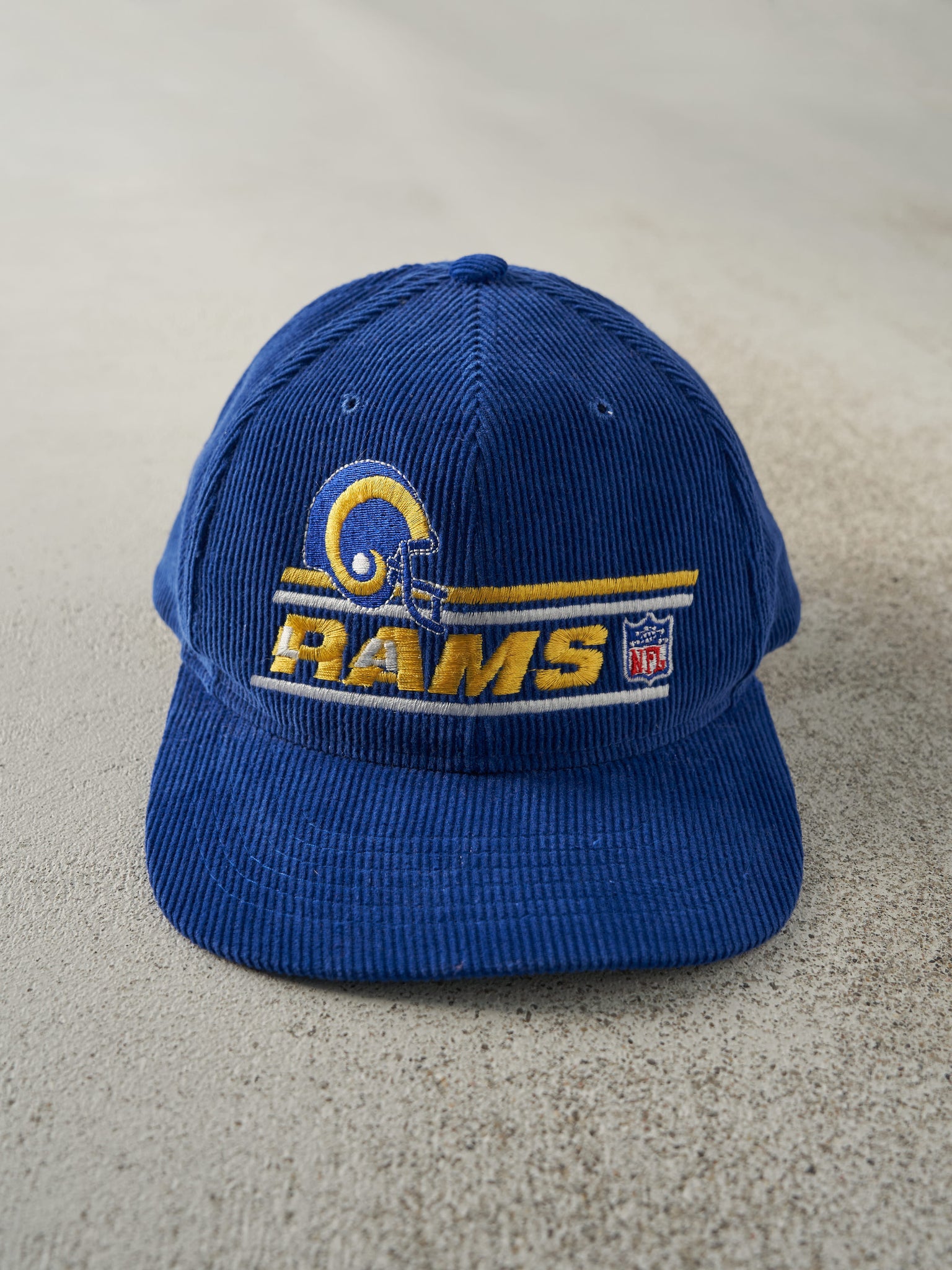 Vintage 90s Blue Embroidered LA Rams Corduroy Snapback Hat
