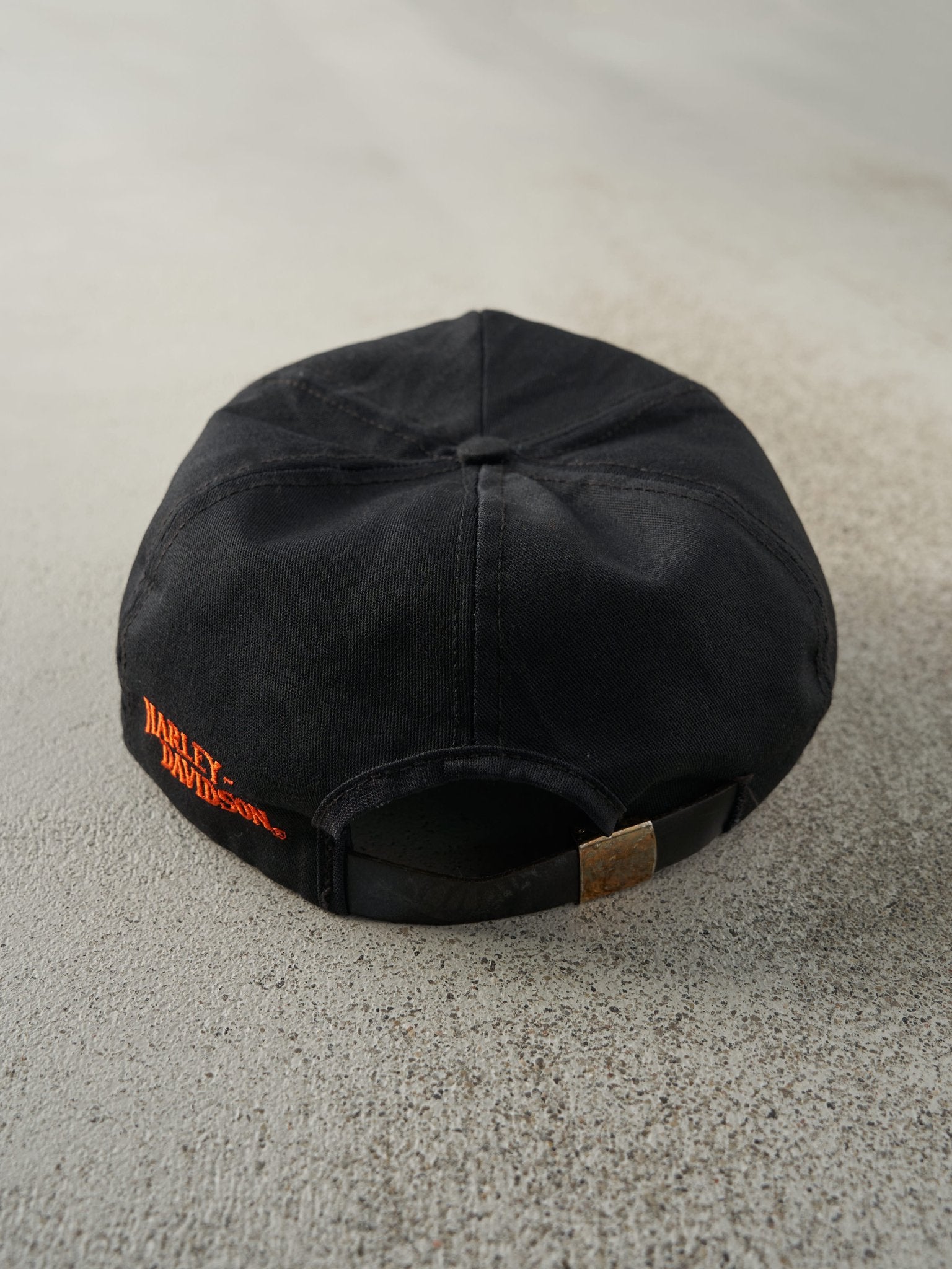 Vintage 90s Black Embroidered Harley Davidson Leather Strapback Hat