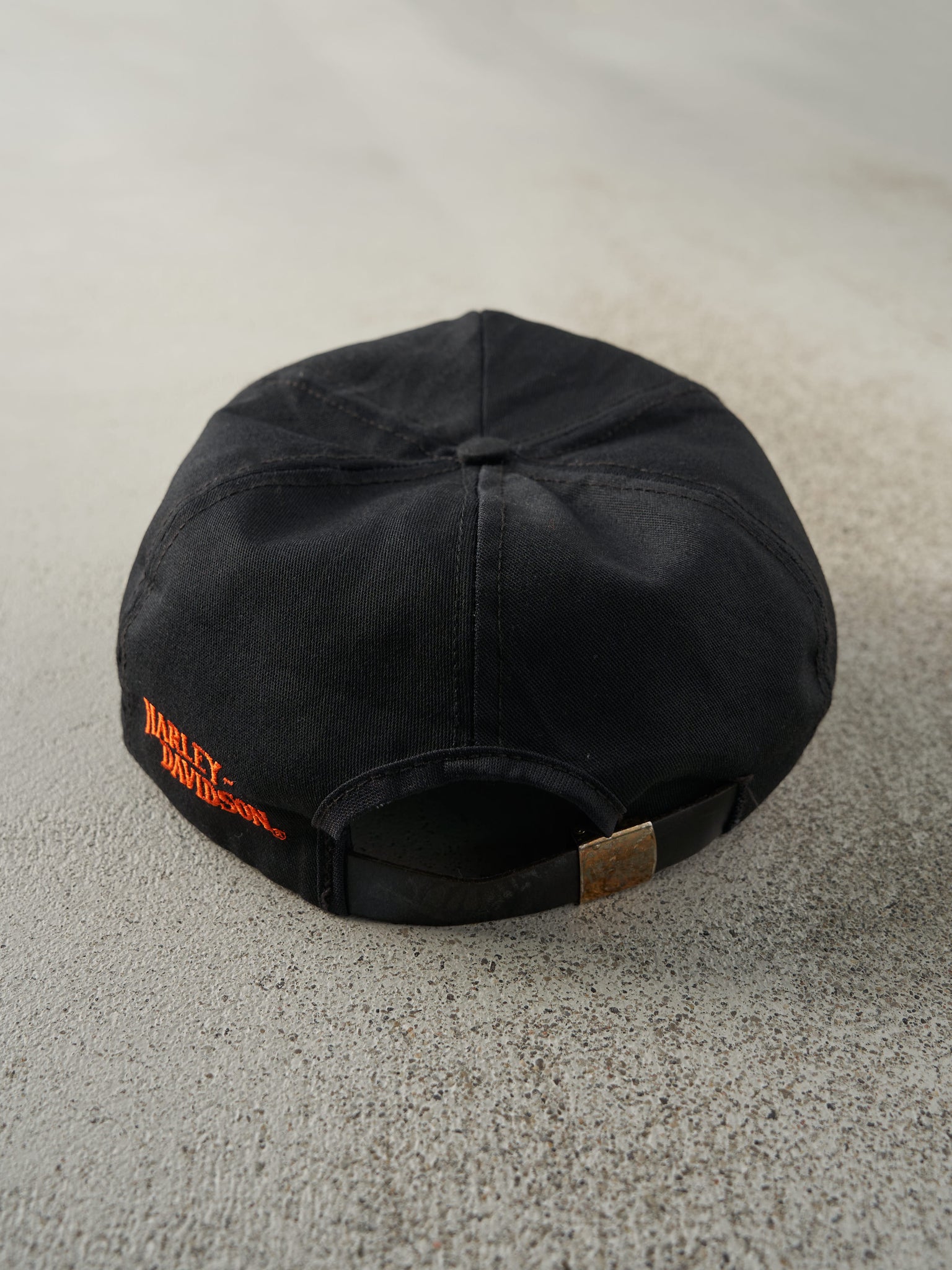 Vintage 90s Black Embroidered Harley Davidson Leather Strap Back Hat