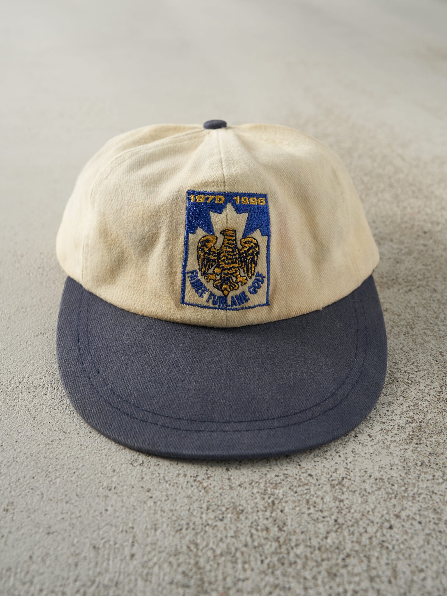 Vintage 96' Beige & Blue Embroidered Golf Leather Strap Back Hat