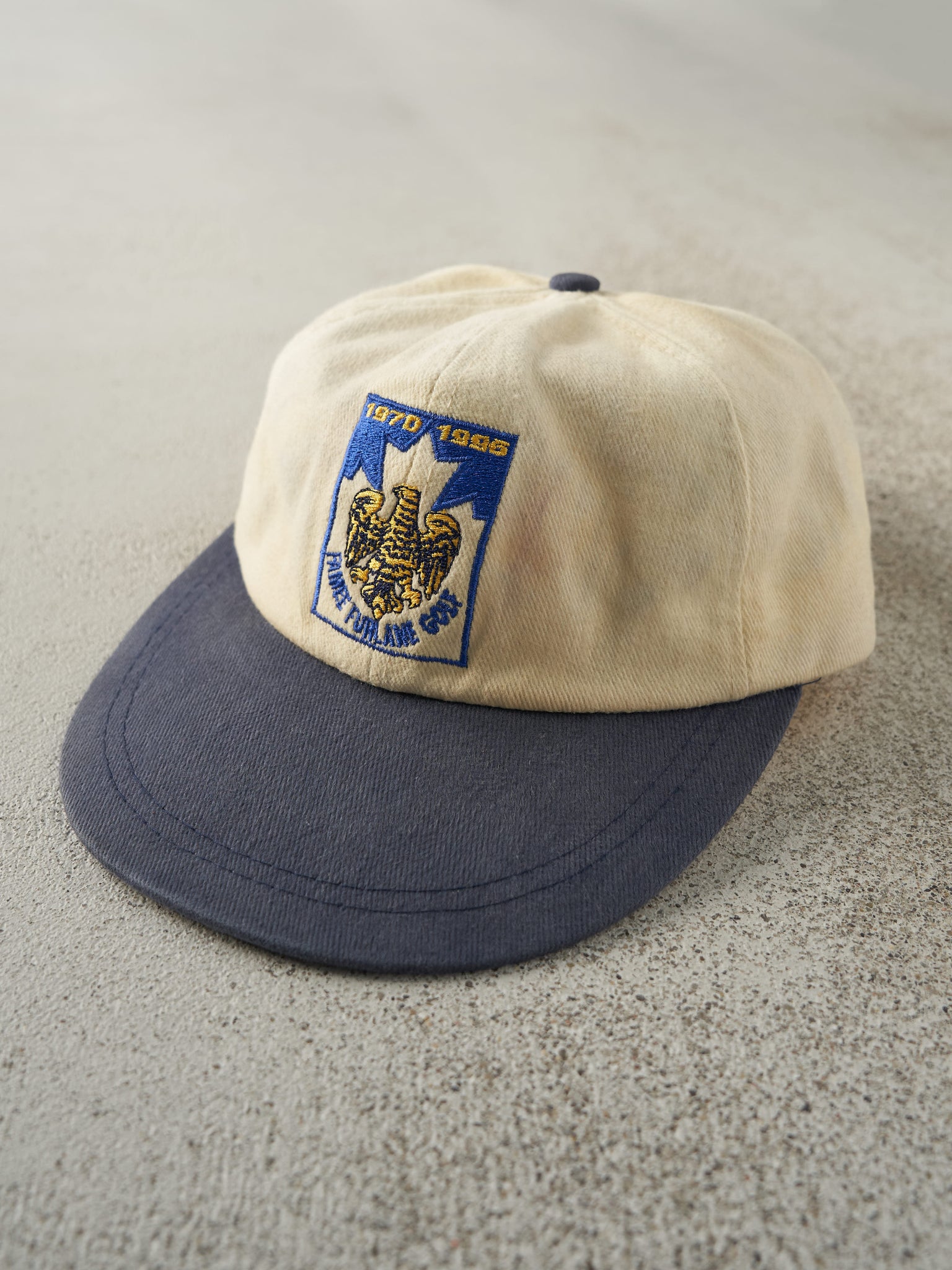 Vintage 96' Beige & Blue Embroidered Golf Leather Strap Back Hat