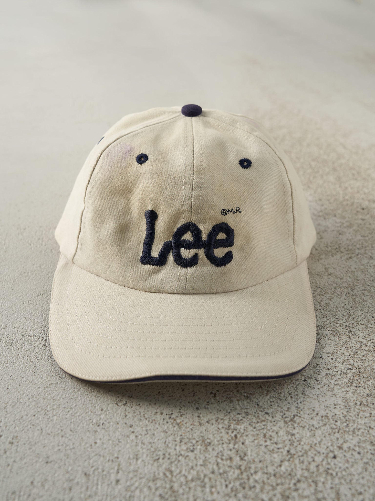 Vintage 90s Beige & Navy Embroidered Lee x Moores Strap Back Hat