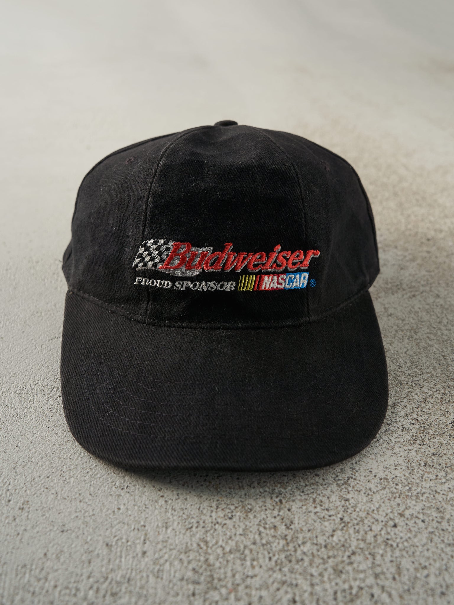 Vintage 90s Black Embroidered Budweiser Nascar Strap Back Hat