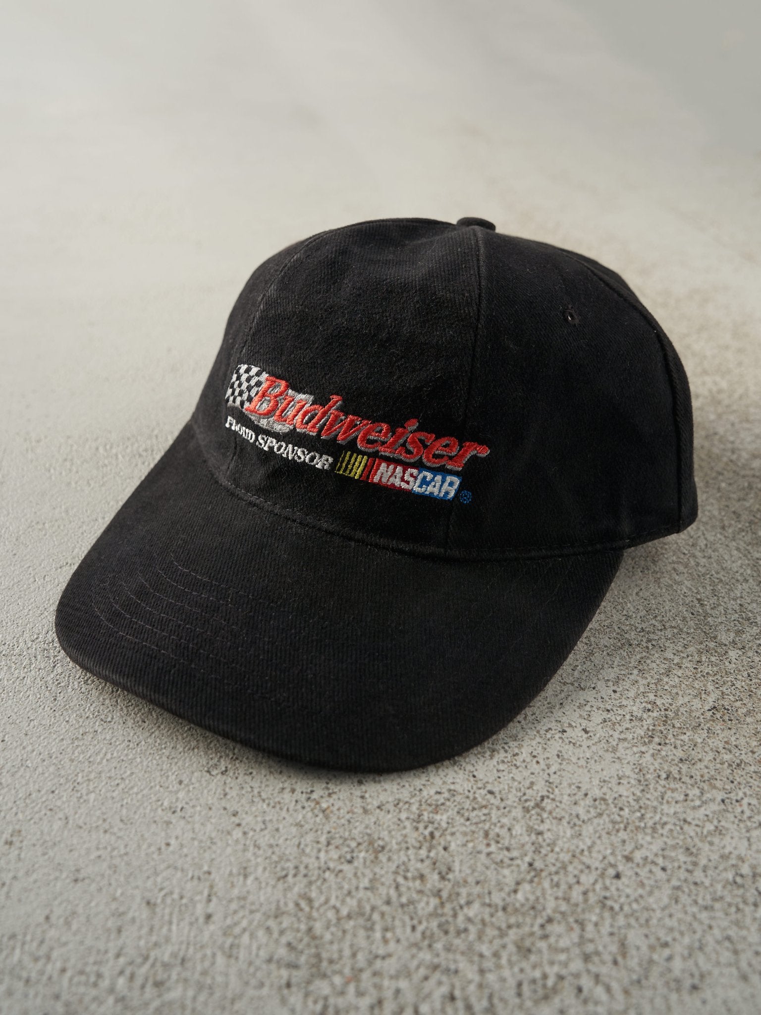 Vintage 90s Black Embroidered Budweiser Nascar Strapback Hat