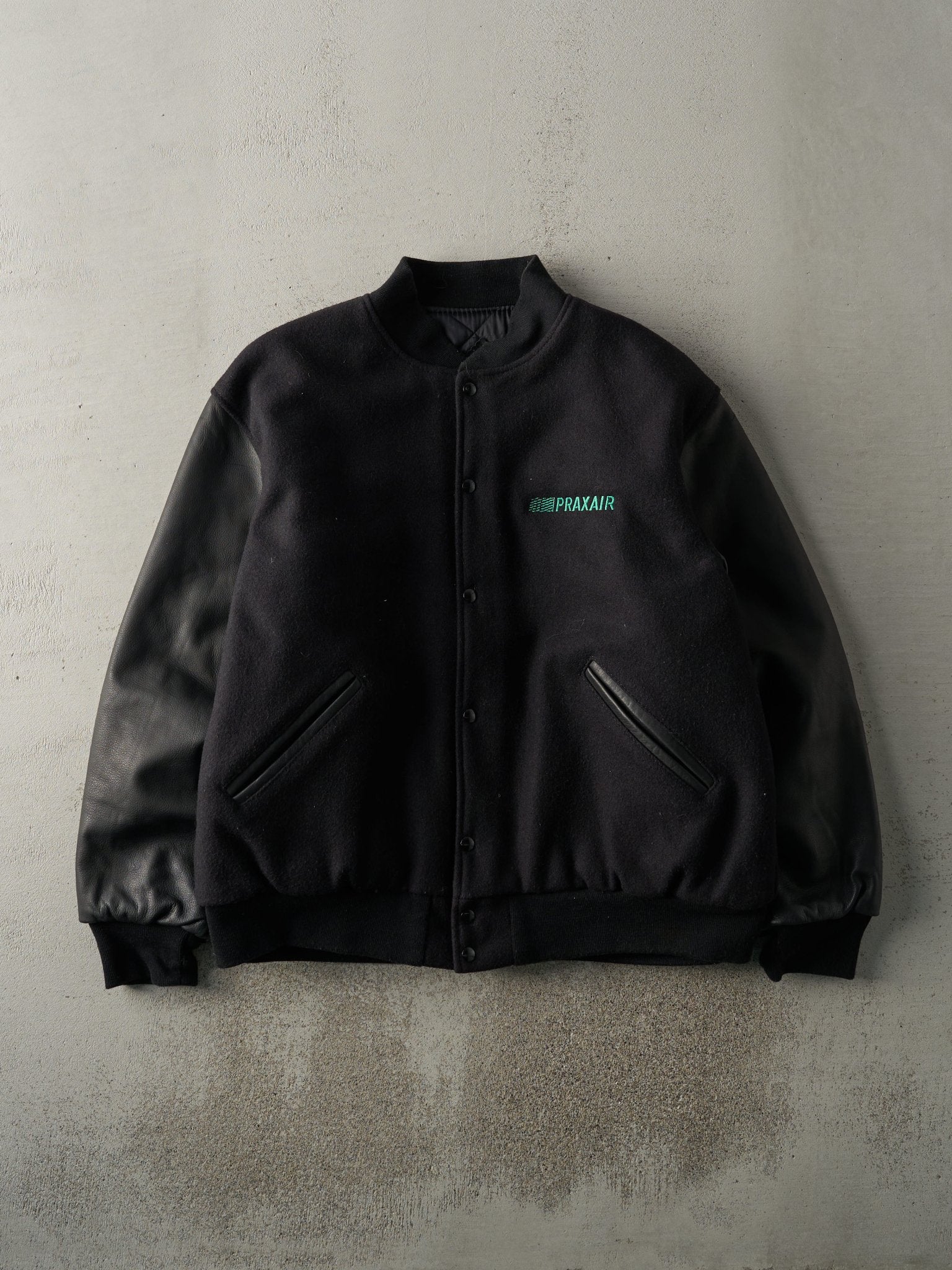 Vintage 90s Black Embroidered Praxair Varsity Jacket (XXL)