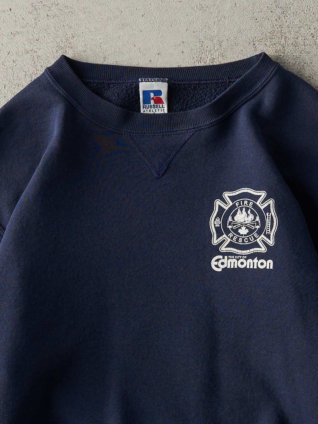 Vintage 90s Navy Blue Russell Athletic Edmonton Fire Rescue Crewneck (S/M)