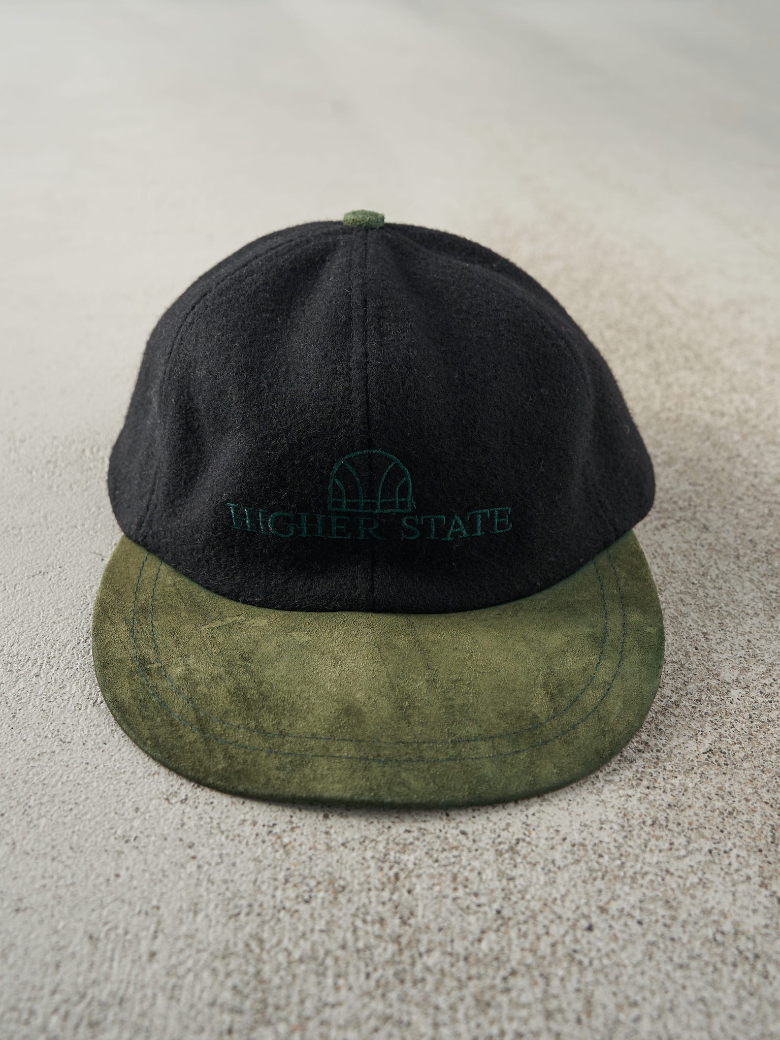 Vintage 90s Black & Green Embroidered Higher State Wool & Suede Leather Strap Back Hat